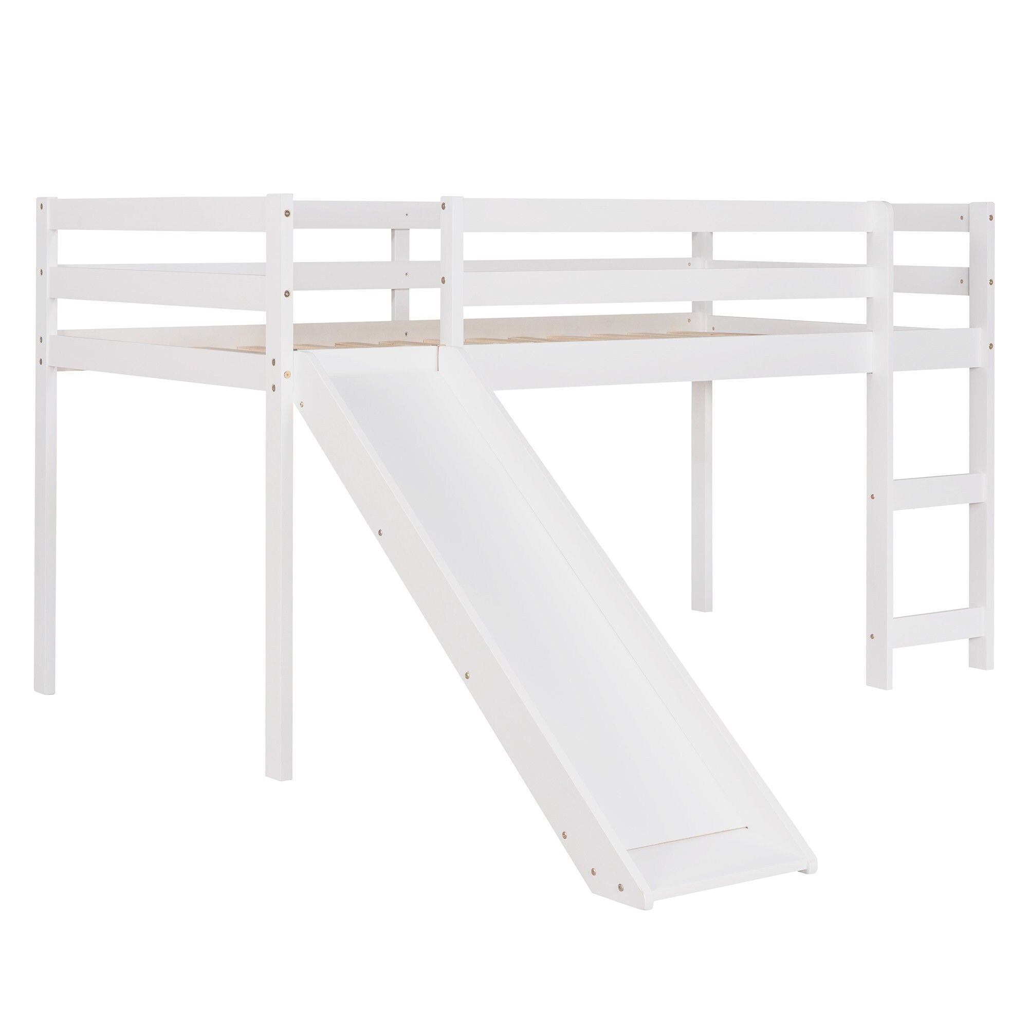 Yiekholo White Twin Loft Bed with Slide, Low Height, Solid Wood