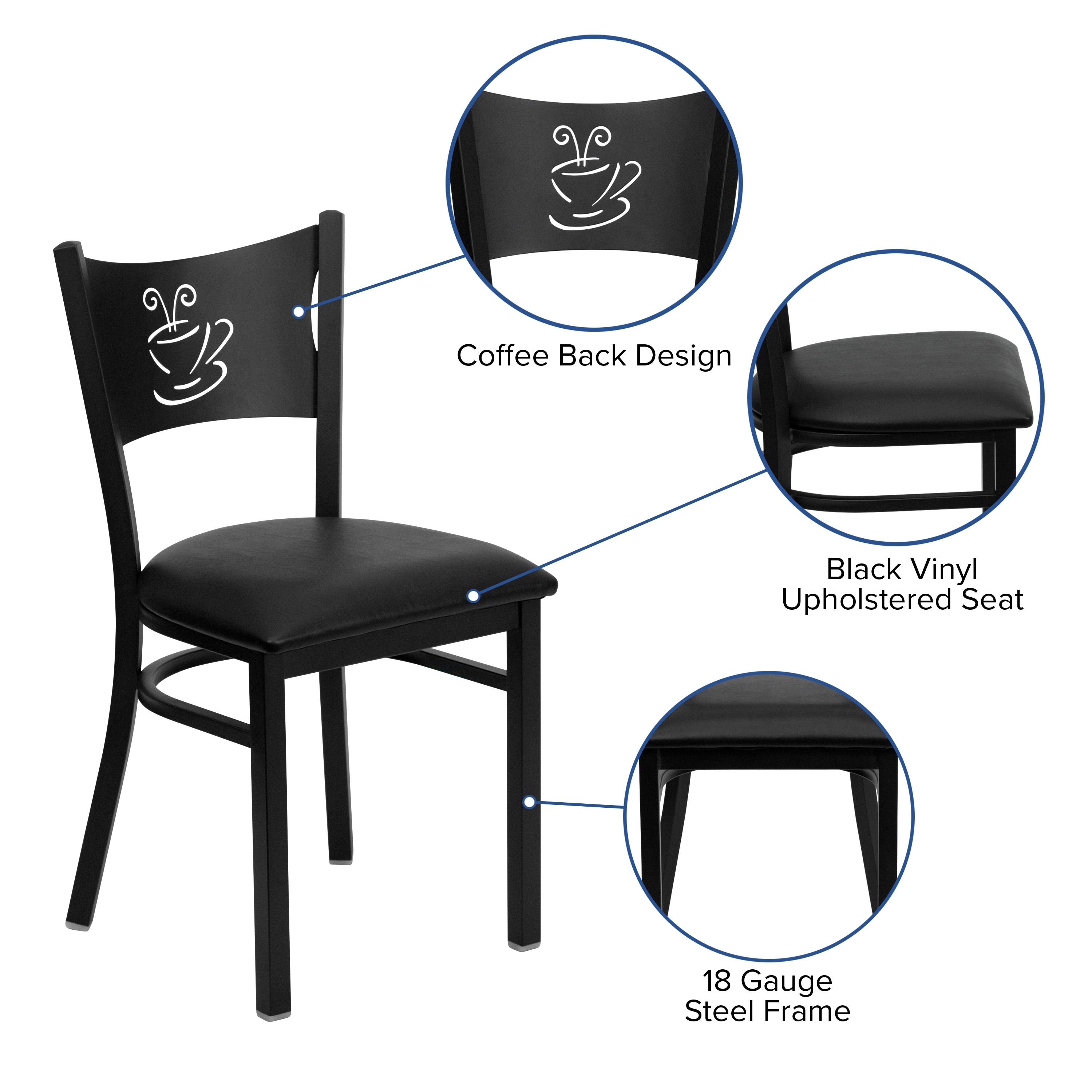 Chic Black Vinyl and Metal High Back Side Chair with Decorative Cutout