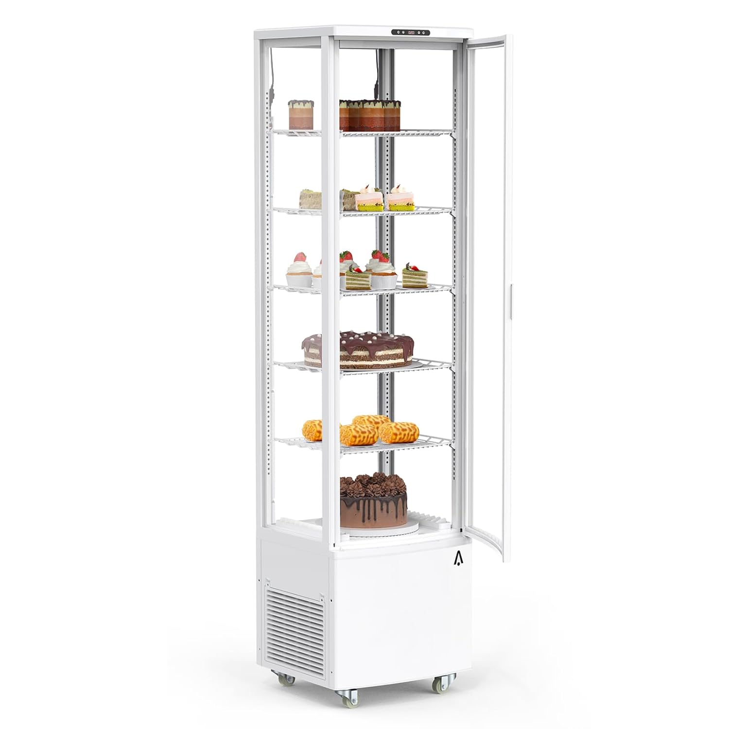 Qeetex YHC-124UW5EV 298L 10.52 Cu.Ft 110V 60Hz US Standard ABS Double-Layer Tempered Glass Freestanding Wheeled Single-Door Refrigerated Display Cabinet with Internal LED Lighting Auto Defrost and Air-Cooling CL-298 White for Bakery Store Restaurant