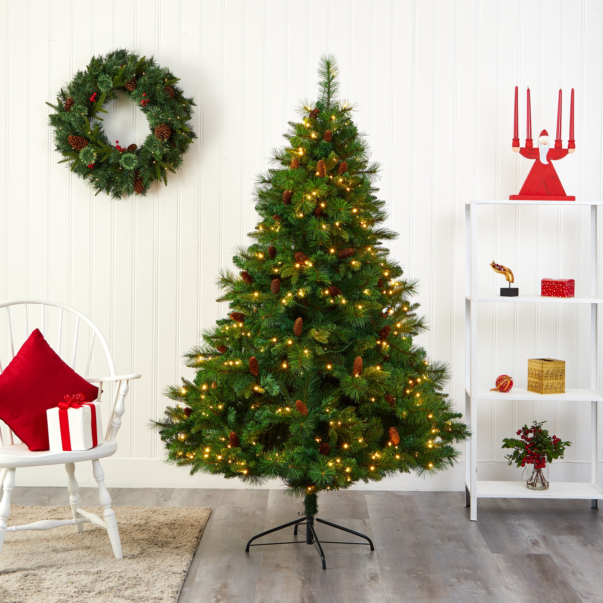 6ft Green Pine Artificial Christmas Tree with LED Lights and Pine Cones