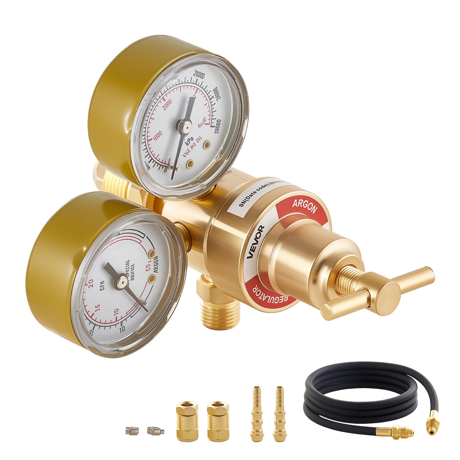 VEVOR Argon Regulator Gauge Argon CO2 Regulator Welding Gas Gauges for TIG/MIG Welding - with 8.2FT Rubber Hoses 0-60 SCFH 0-4000 PSI Inlet Pressure CGA580 Inlet Connection