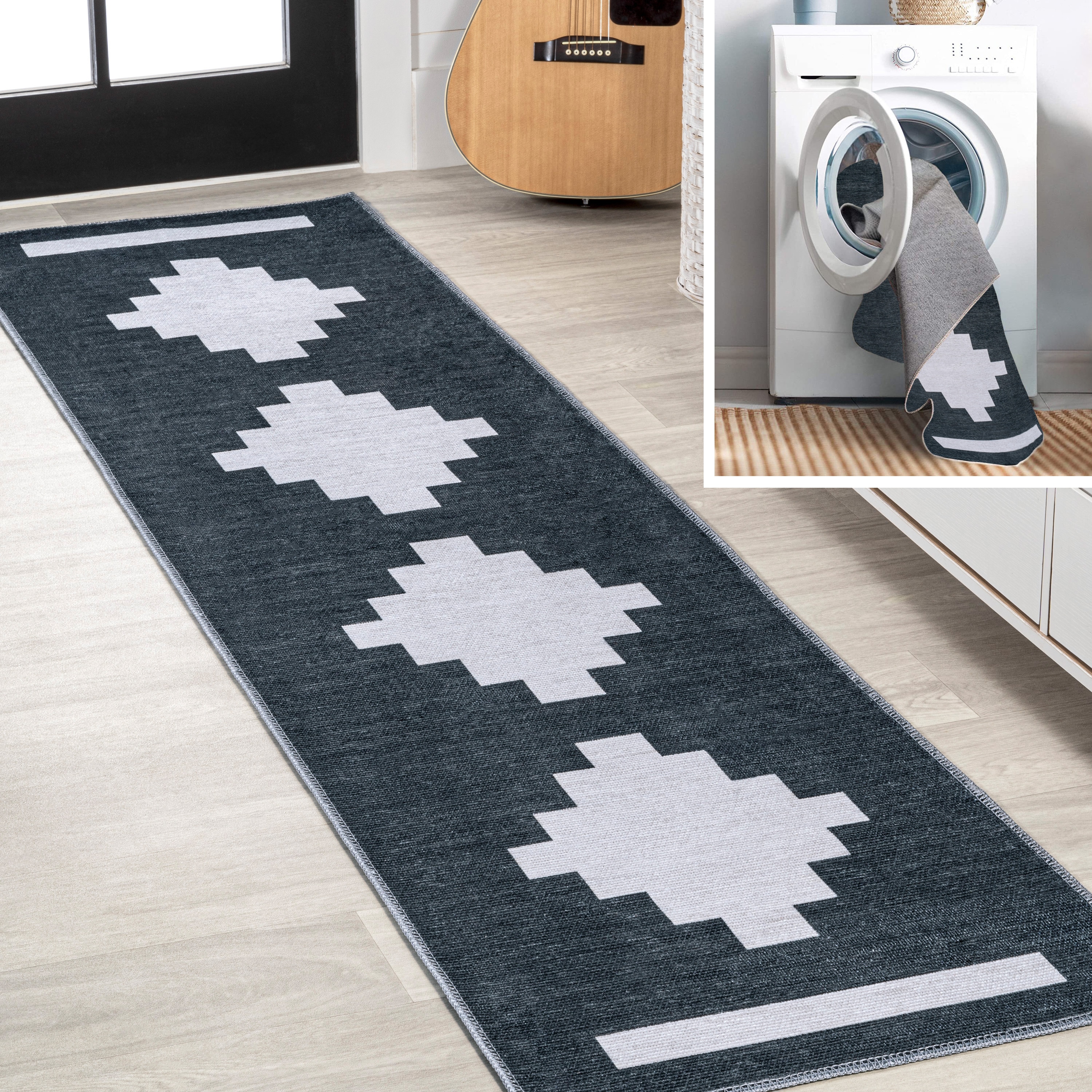 JONATHAN  Y WSH111B-28 WASHABLE Adriel Medallion 2 x 8 (ft) Loomed Chenille Navy/Light Gray Rectangular Indoor Abstract Southwestern Machine washable Runner rug