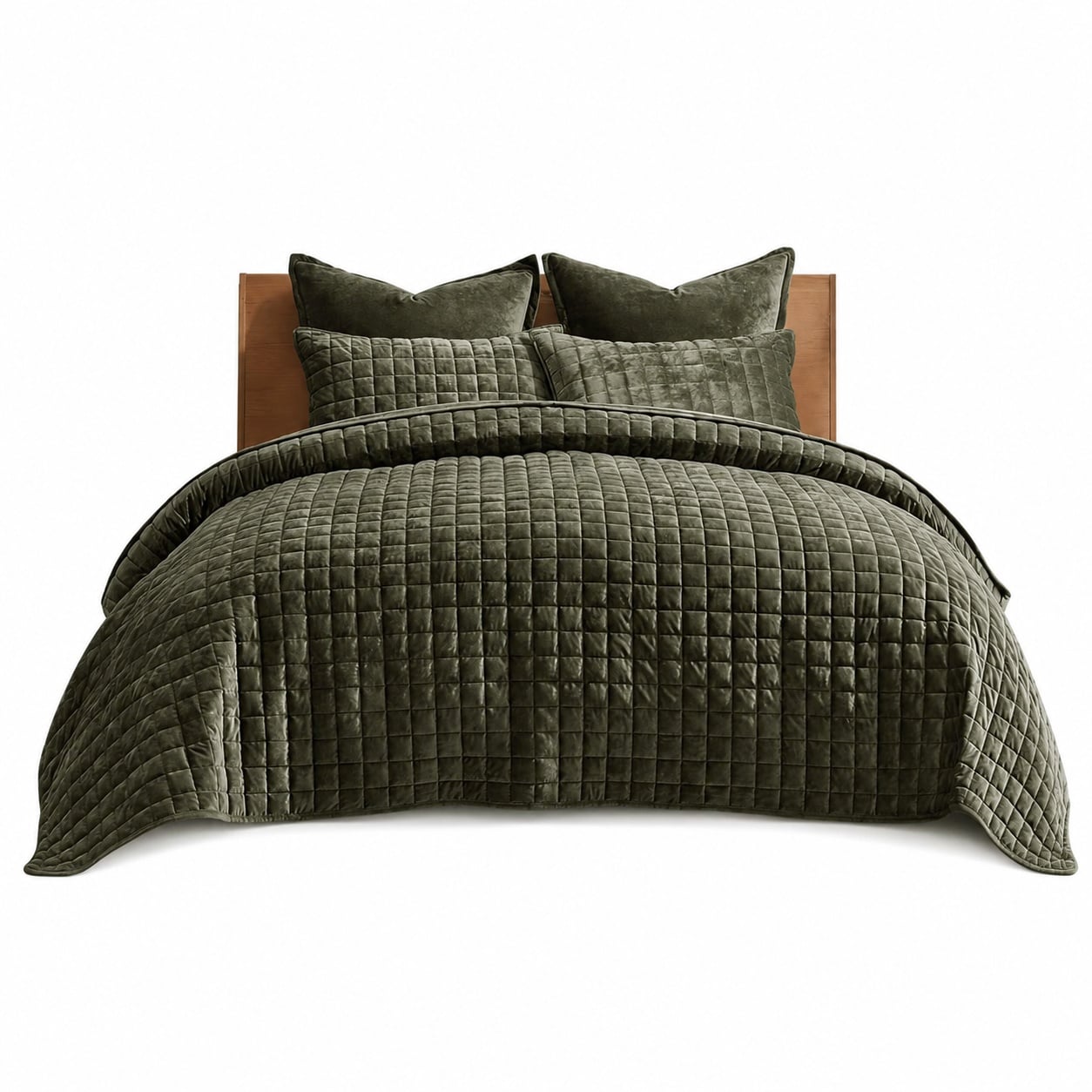 Etokfoks  Olive Green Velvet Quilted Quilt Set King Cal King with 2 Pillow Shams Oversized Bedspread Coverlet