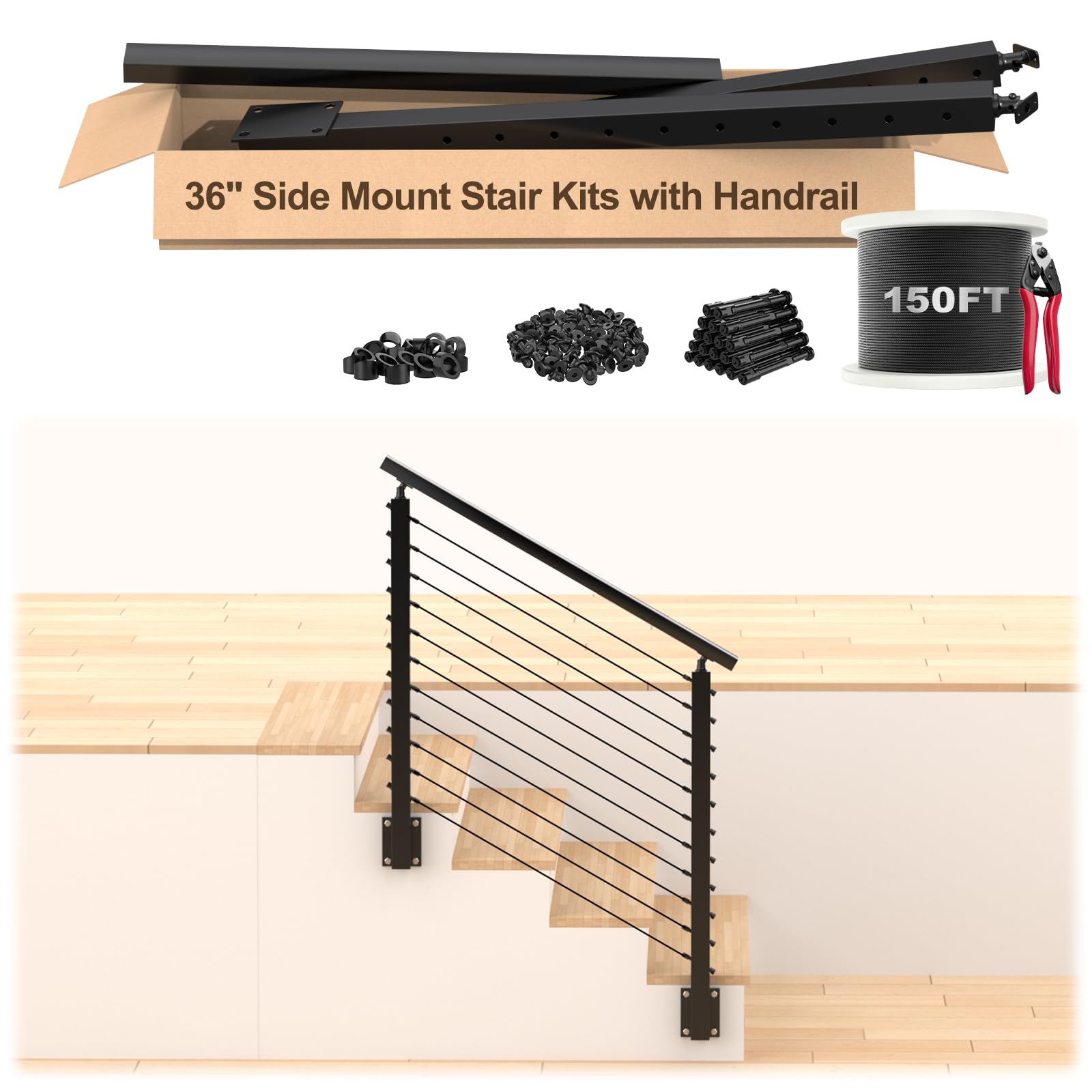 Justincity  4.5ft Complete Set 36 in Cable Railing Post with Handrail Cuttable 2pc Side Mount Adjustable Top Angle Stair Posts Left 150ft 1 8 in
