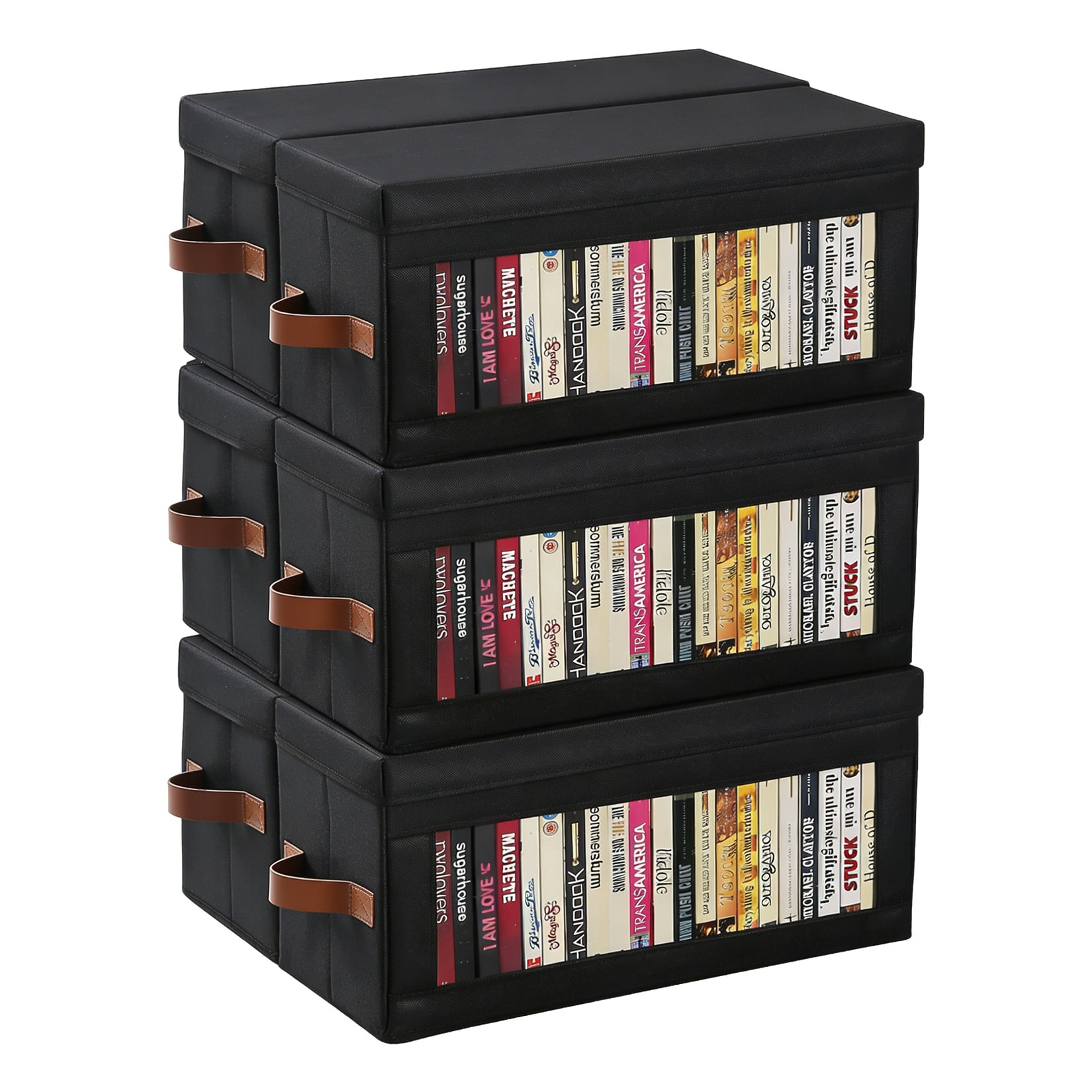 IdealHouse Stackable CD DVD Storage Boxes Set of 6 Dustproof Organizer with Lids Handles Non Woven Fabric For CDs DVDs Media Home Storage Solution Each Box 13.19x5.9x5.3 Inch Black