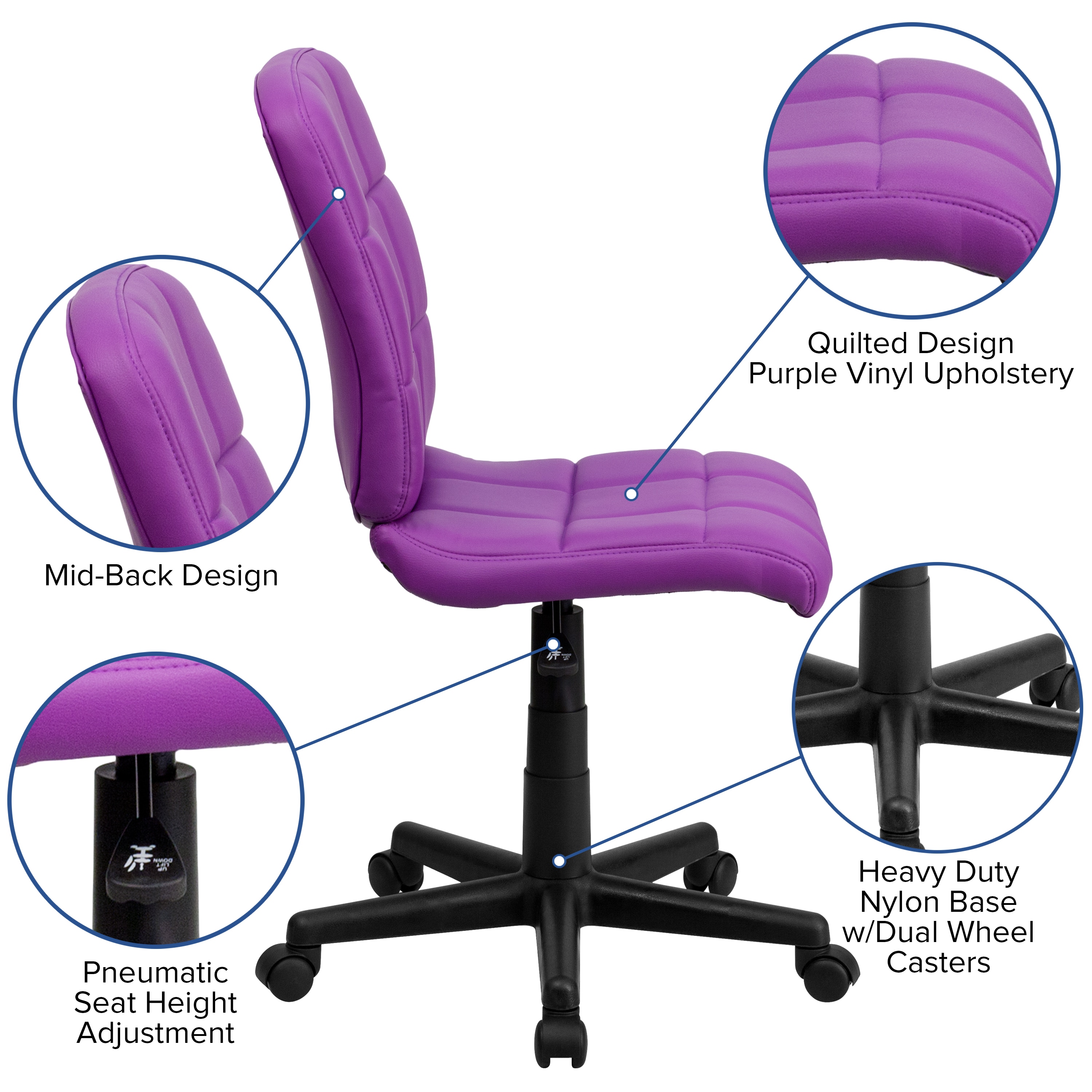 Violet Quilted Vinyl Armless Mid-Back Task Chair