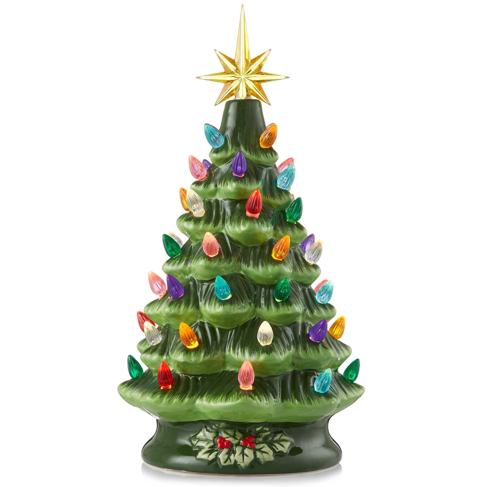 Casafield SZN-TR-9122-GRN 12-in Hand Painted Ceramic Christmas Tree - Green Pre-Lit Tree w/ Star