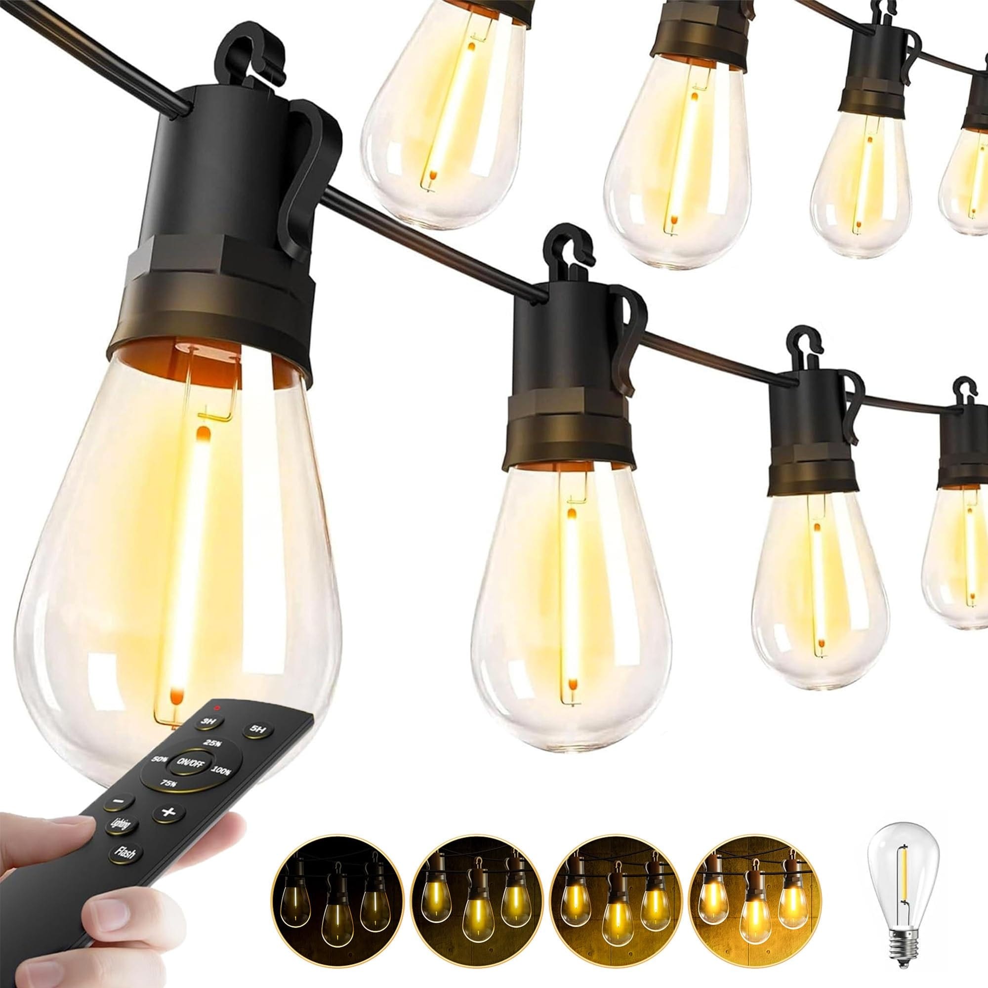 Afoxsos  Outdoor String Lights Patio LED 50Ft Waterproof Remote Dimmable S14 Porch Lighting 15 pcs Edison Plastic Bulb Hanging Expandable for