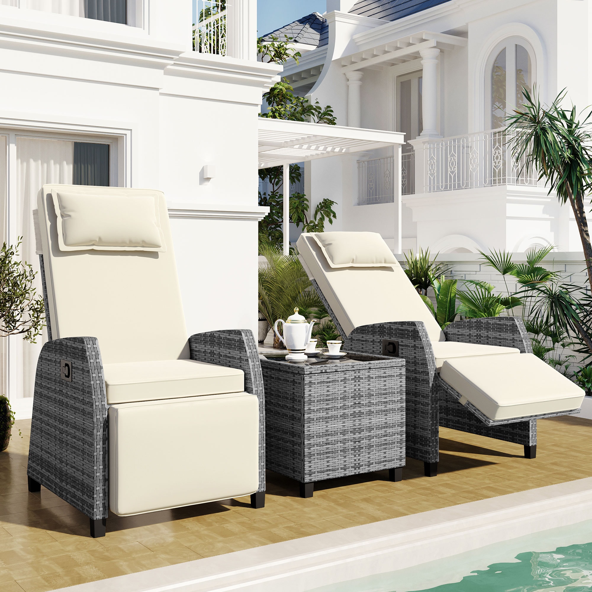 Clihome SL-97WF-AA 3-Piece Patio Set 3 -Piece Rattan Patio Conversation Set with Off-white Cushions