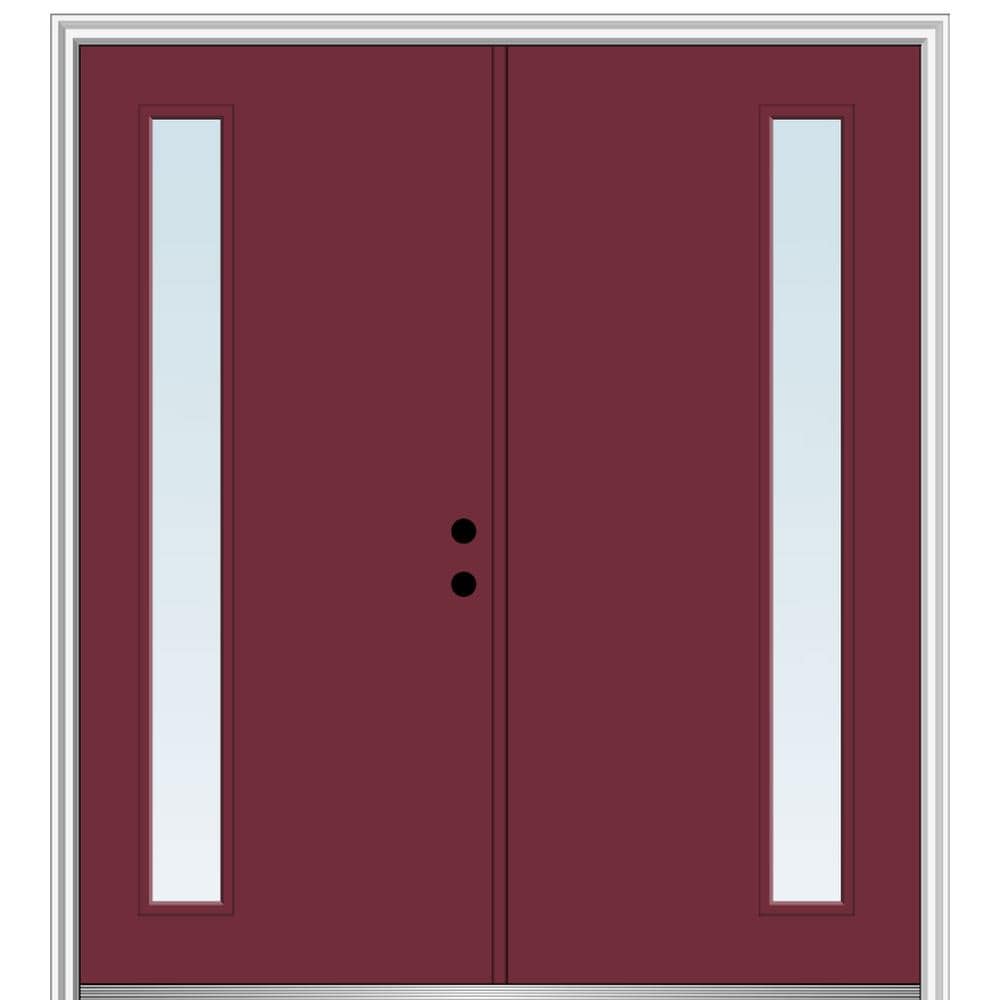 MMI DOOR ZZ345973L Spotlights 72-in x 80-in x 4-9/16-in Fiberglass Pulse lite Left-hand inswing Burgundy Painted Prehung Double Front Door with Brickmould Insulating core