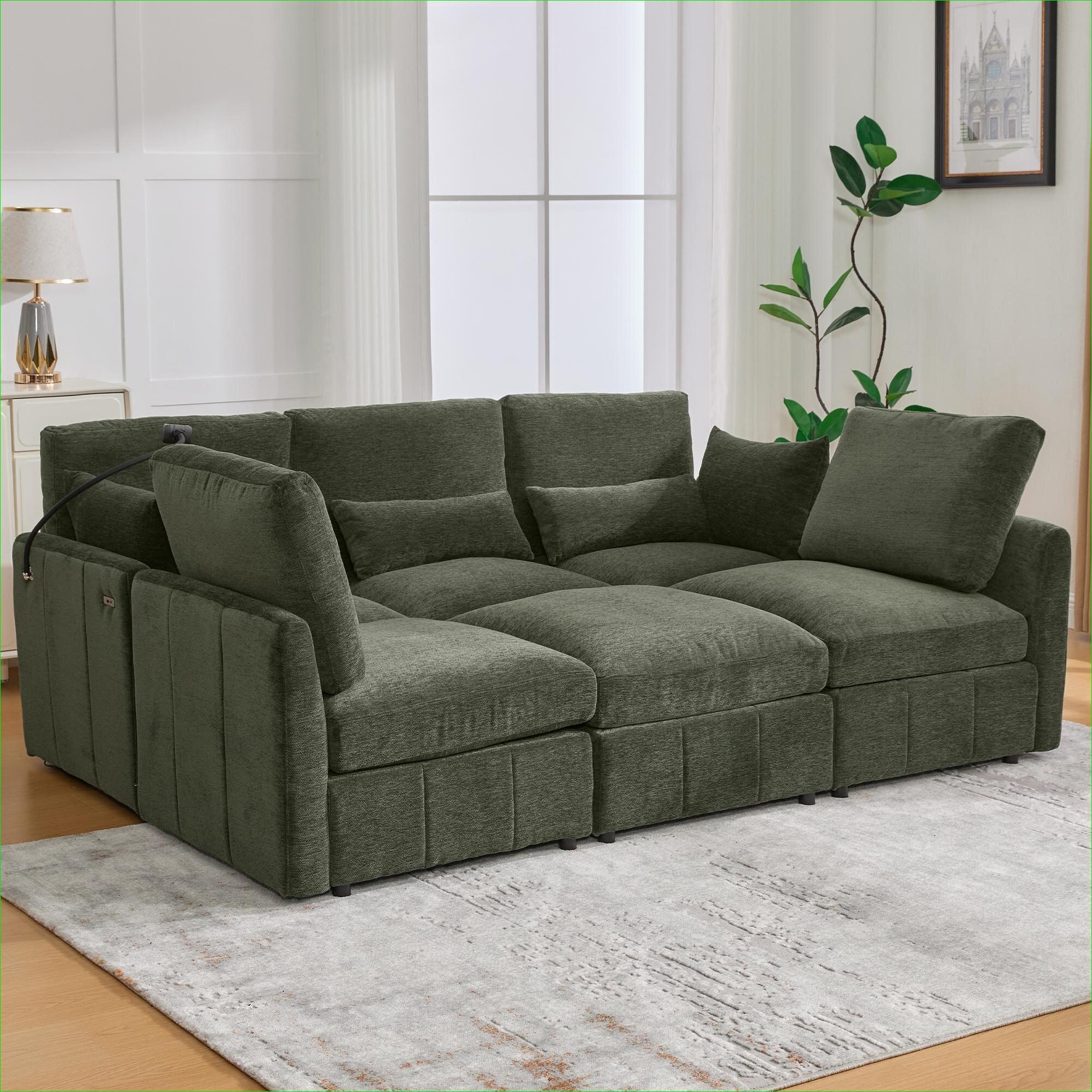 Watnature Modular Reconfigurable Sectional Sofa Classic Green Chenille ...