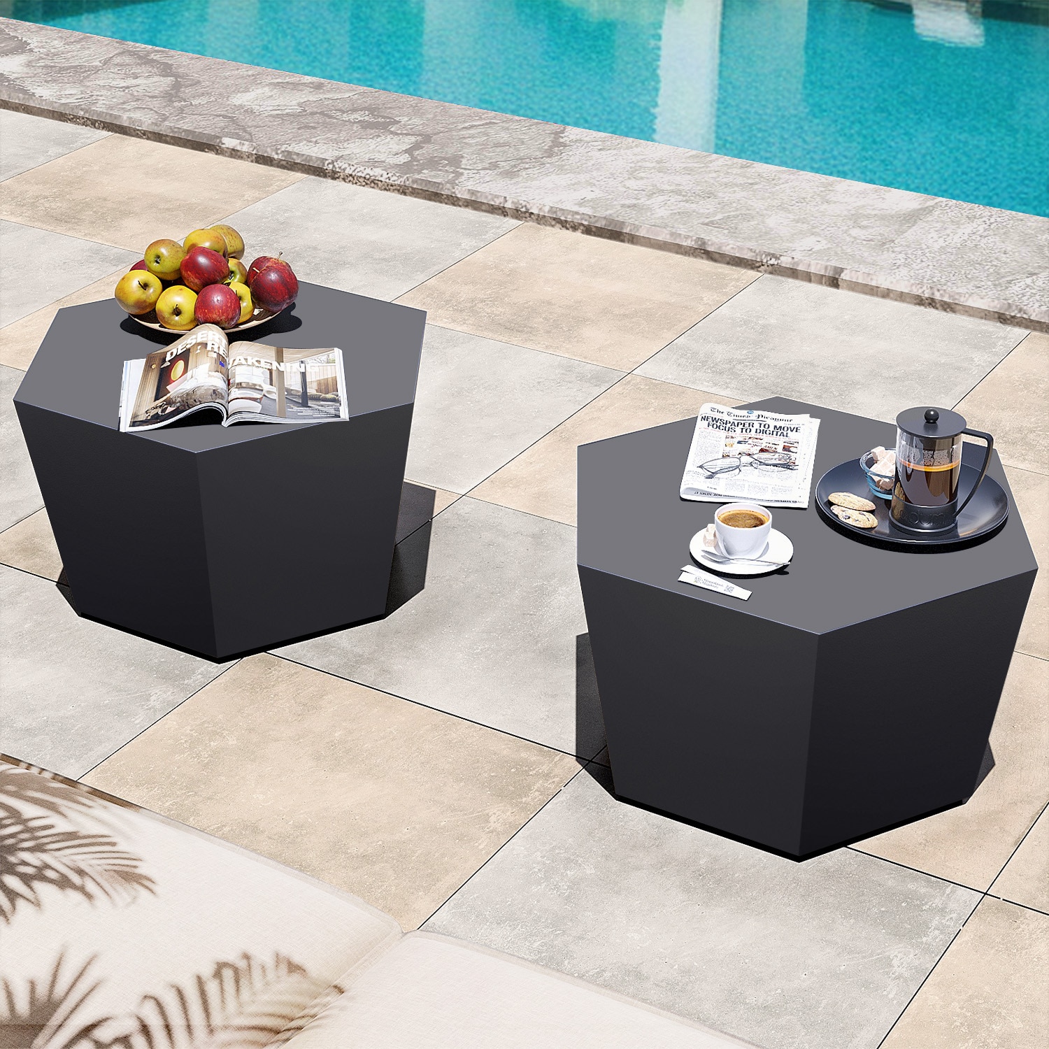 Patio Watcher LS-T28M-6BX-KCH-2PC Magnesium Oxide Coffee Table Hexagon Extendable Outdoor Coffee 24.2-in W x 28-in L