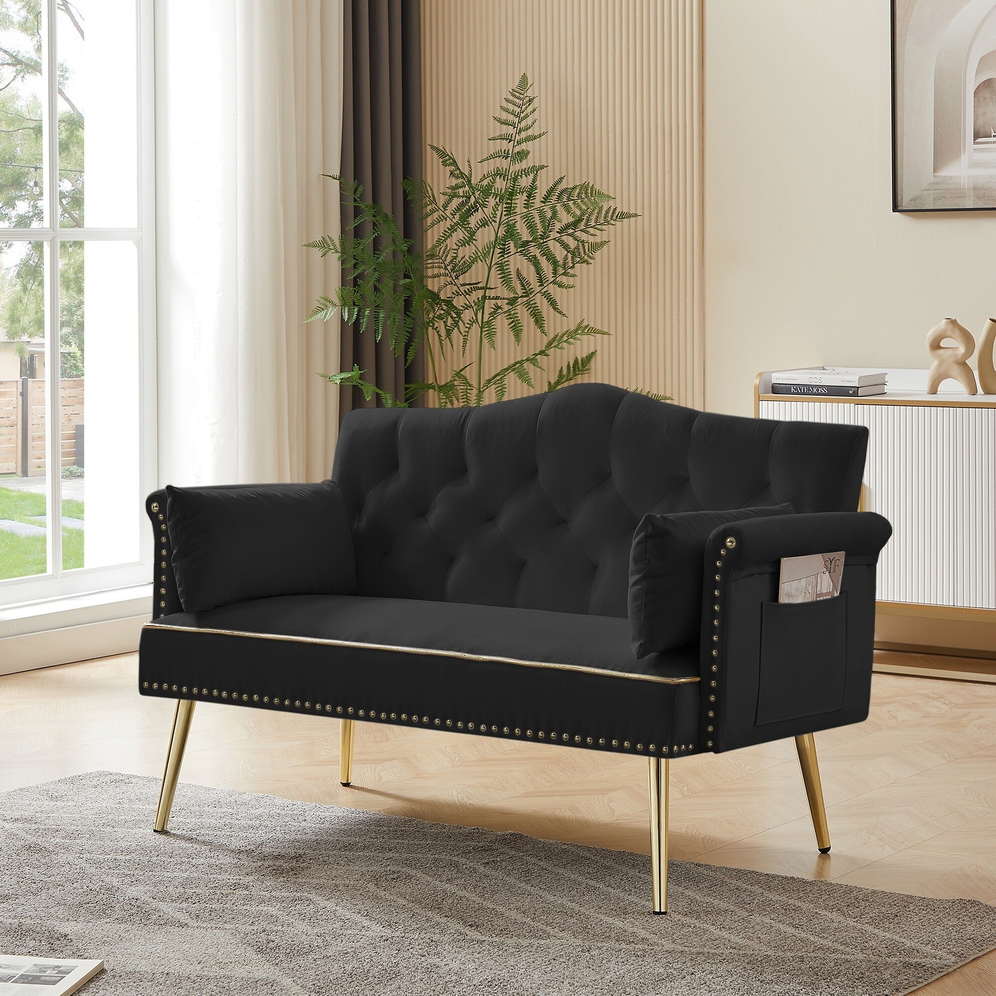 UOI Black Velvet Engineered Wood 2 Seater Sofa with Tufted Back and Metal Legs