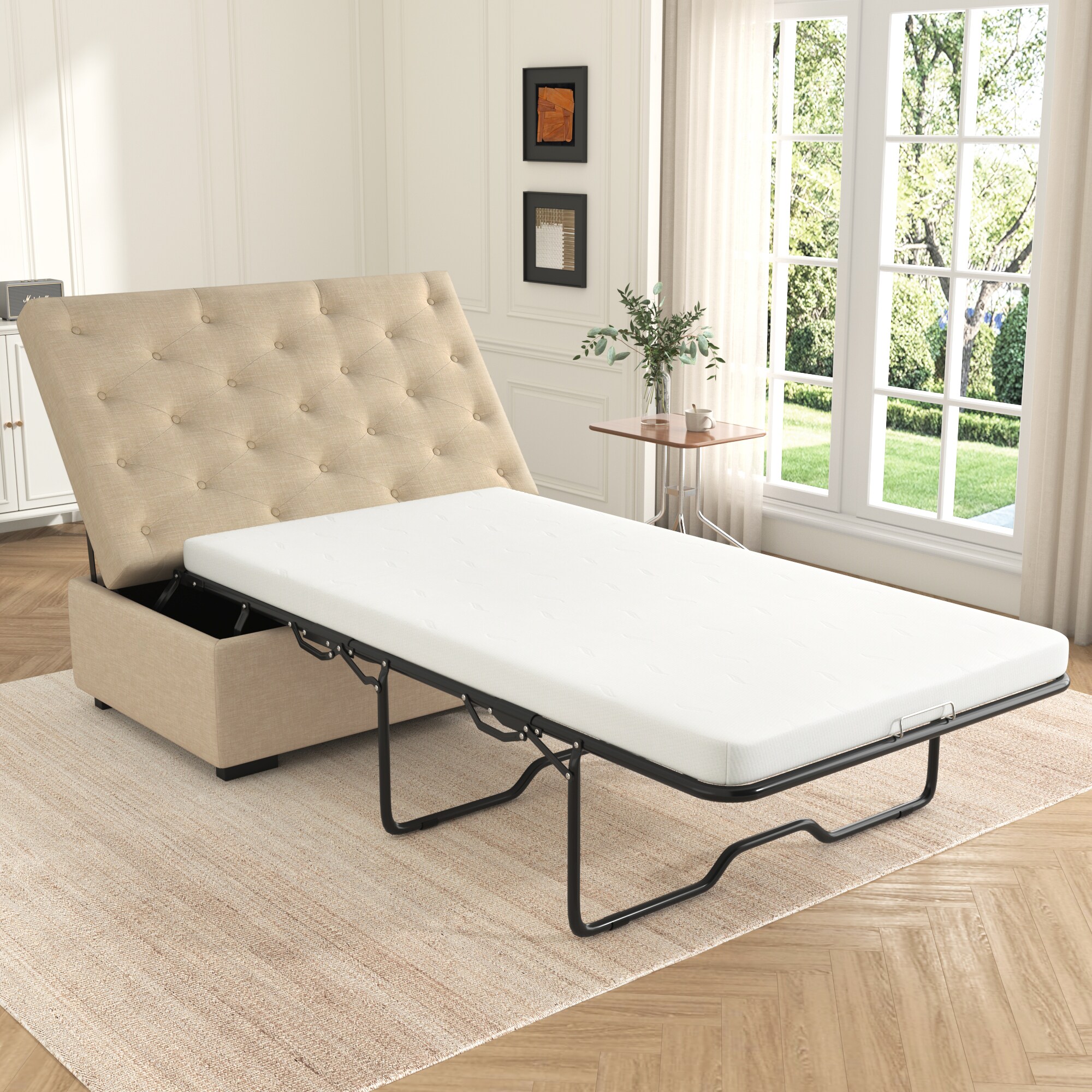 LOVMOR SF-L-N719P268068A Folding Sofa Bed 50 inch Ottoman with a Folding Sofa Bed Convertible Ottoman Sleeper with Memory Mattress and Tufted Design for Living Room