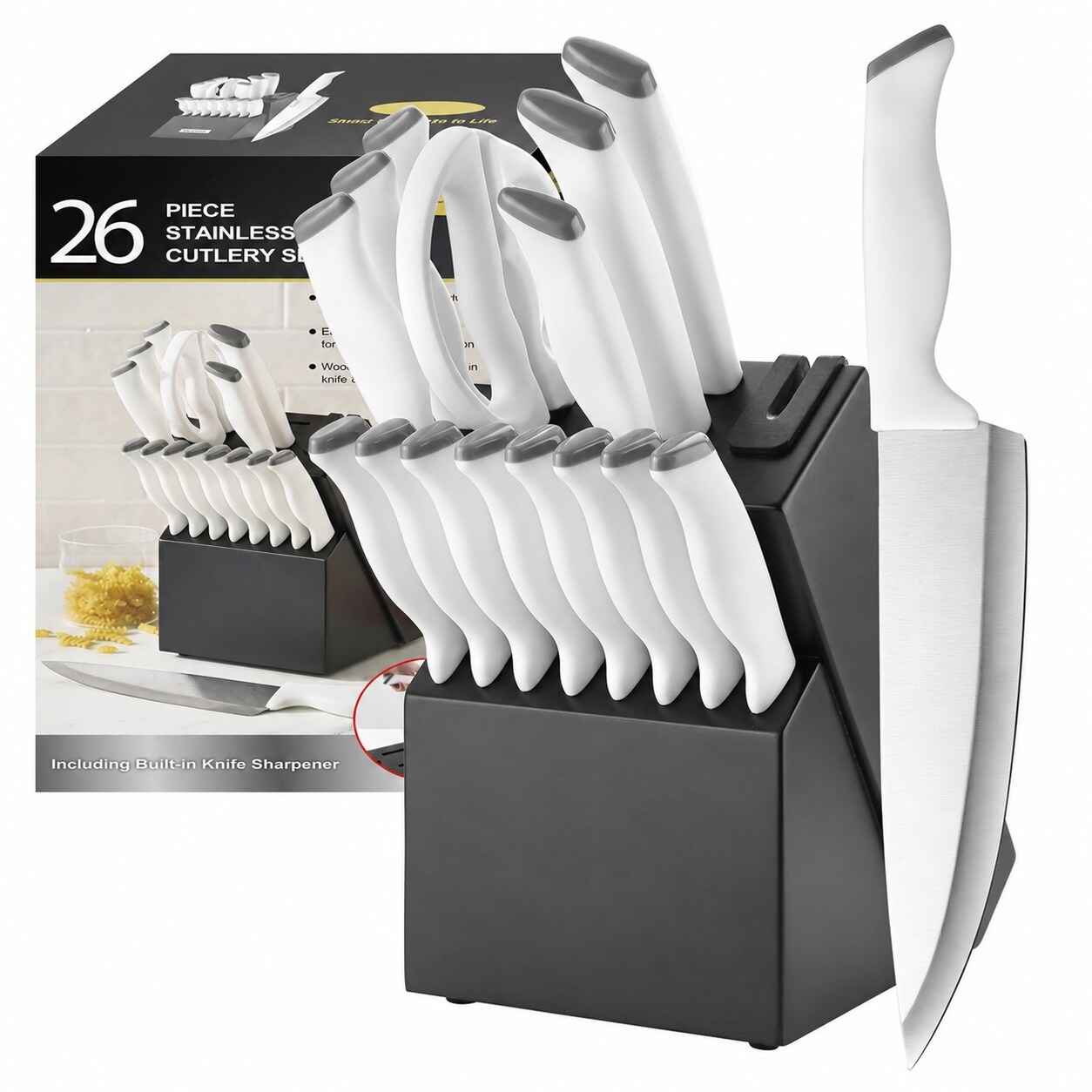 Misopily  Knife Sets German Stainless Steel Kitchen Knife Block Sets with Built in Sharpener durable home and garden accessory designed for