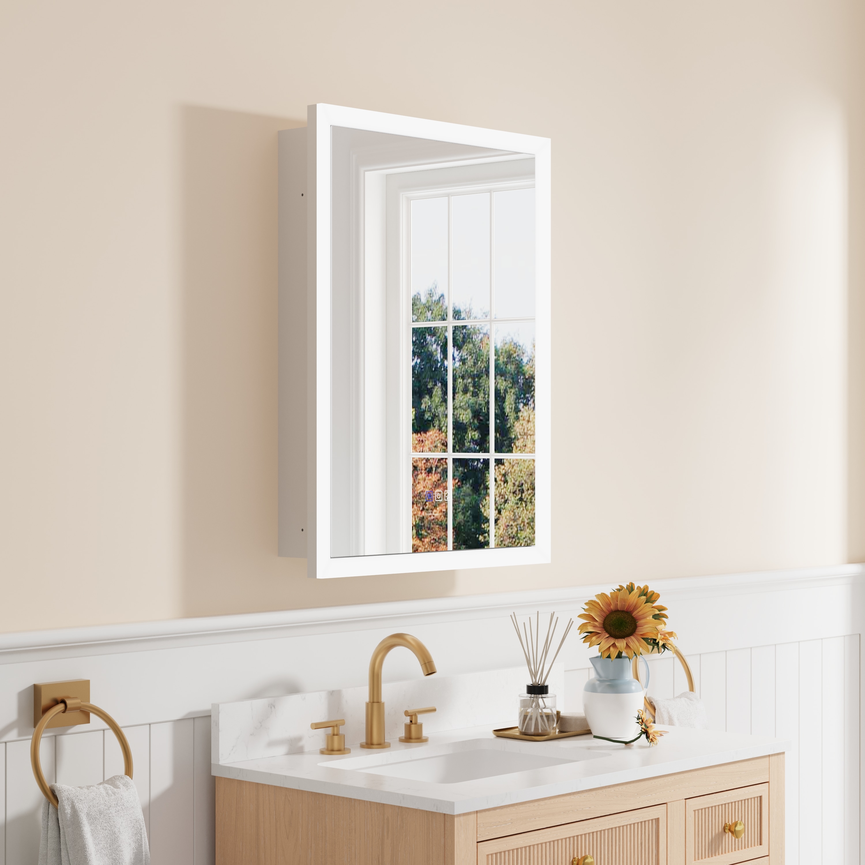 CALVON RC13-2432L LED Lighted Medicine Cabinet 24-in x 32-in Lighted LED Fog Free Surface/Recessed Mount Clear Mirrored Rectangle Soft Close Medicine Cabinet with Outlet
