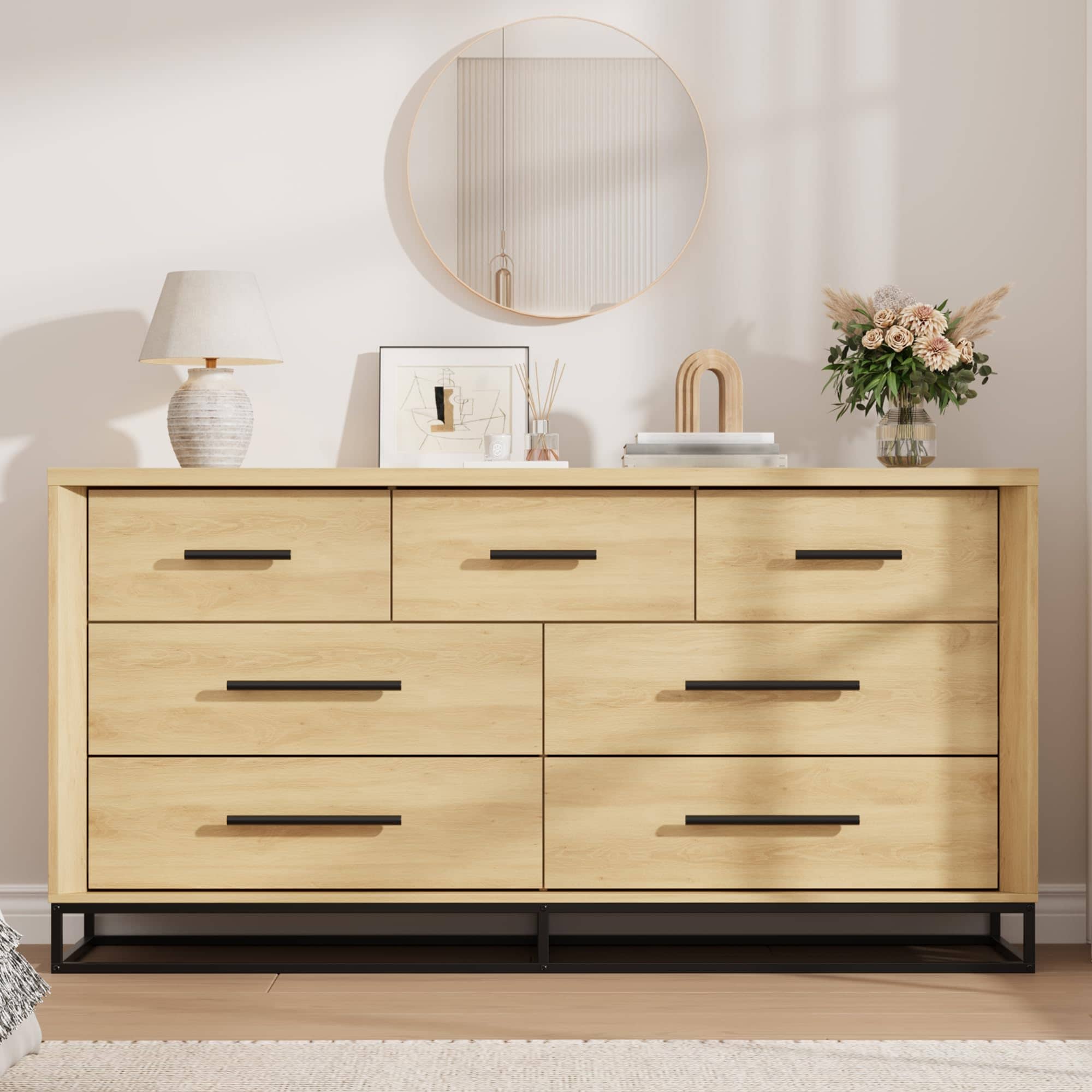 Garvee 7 Drawer Industrial Dresser for Bedroom Rustic Oak Wood Chest of ...