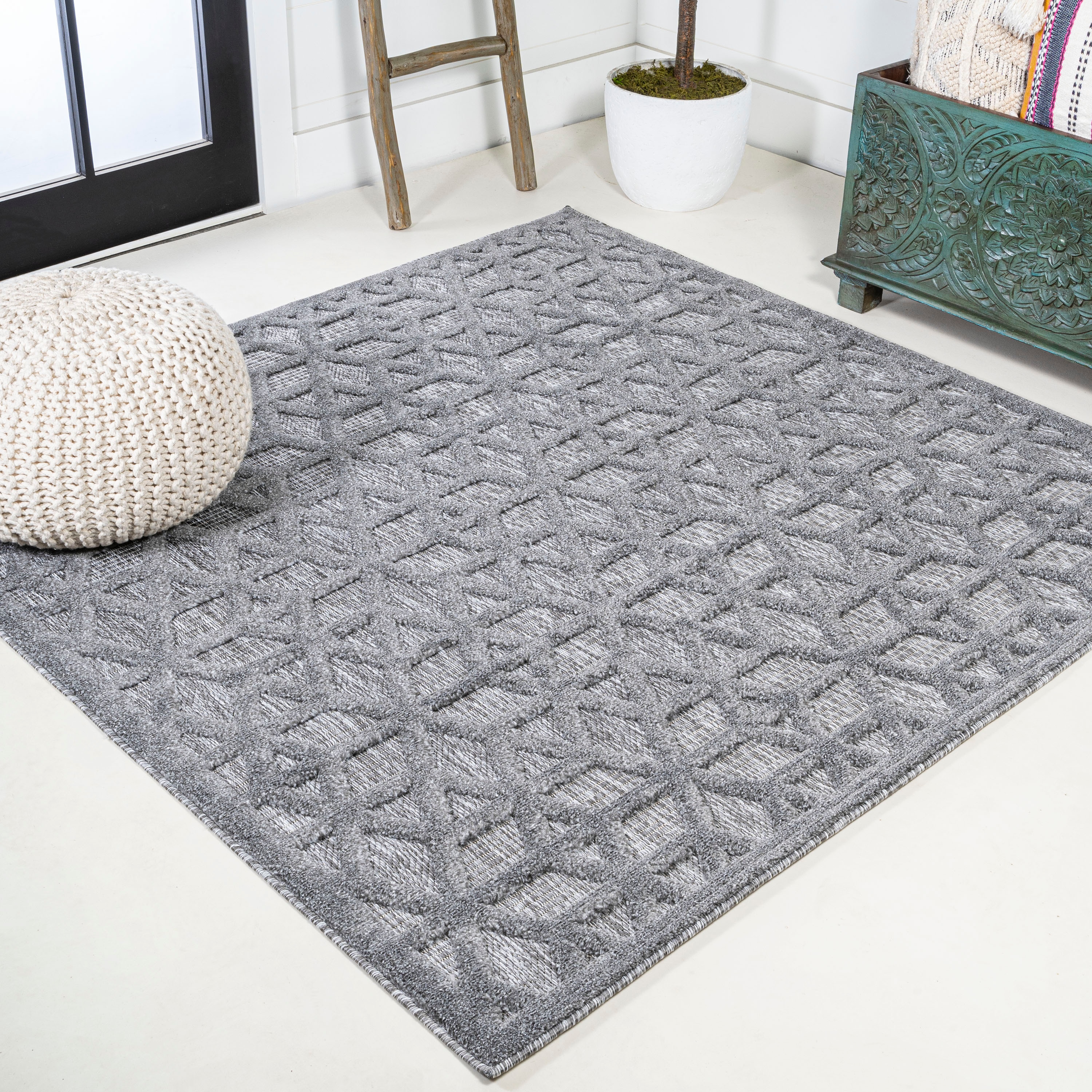 JONATHAN  Y IBZ102A-5SQ IBIZA Talaia Neutral Geometric 5 x 5 (ft) Loomed Polypropylene Dark Gray Square Indoor/Outdoor Geometric Bohemian/Eclectic Area rug