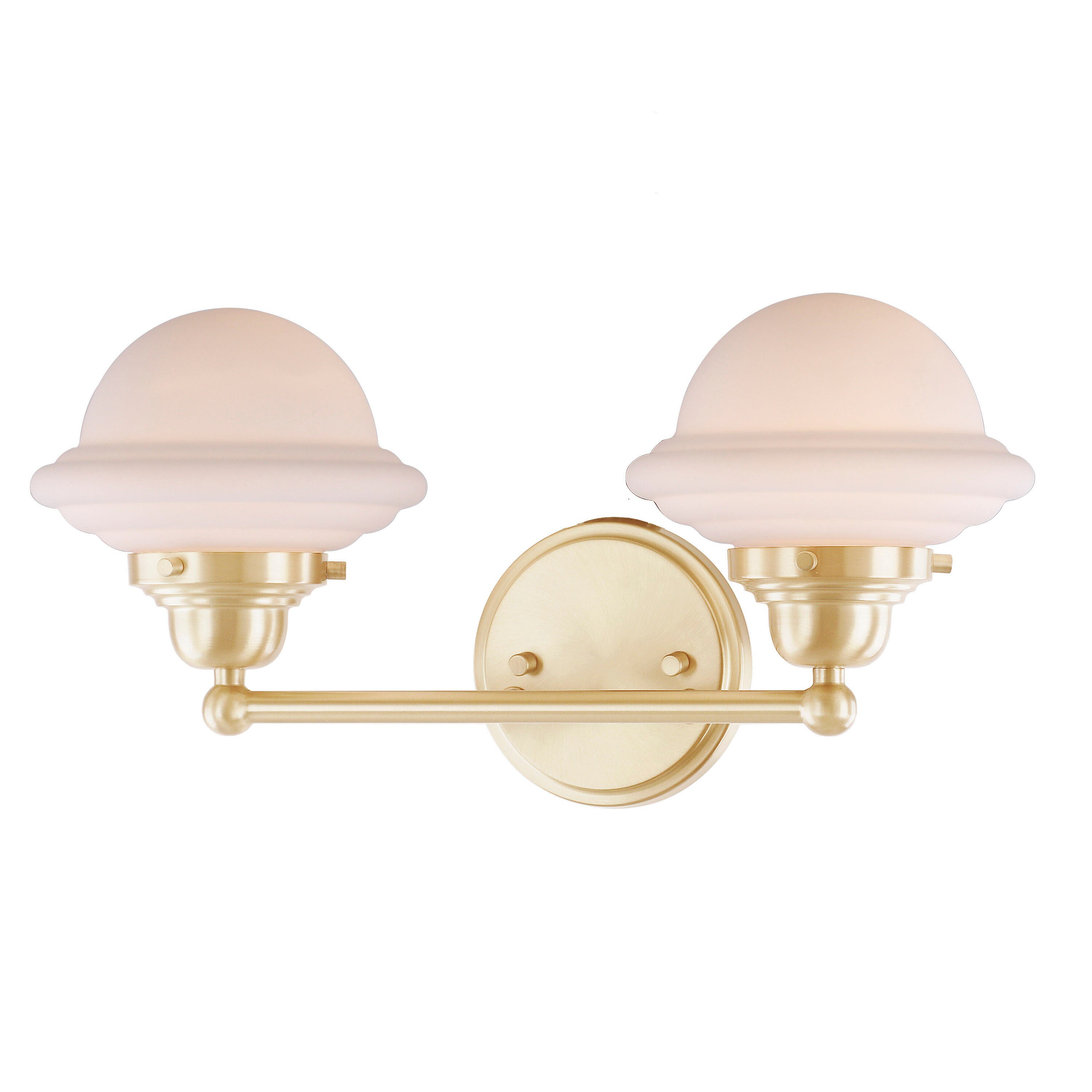 Warm Brass 2-Light Vanity Fixture with White Glass Shades