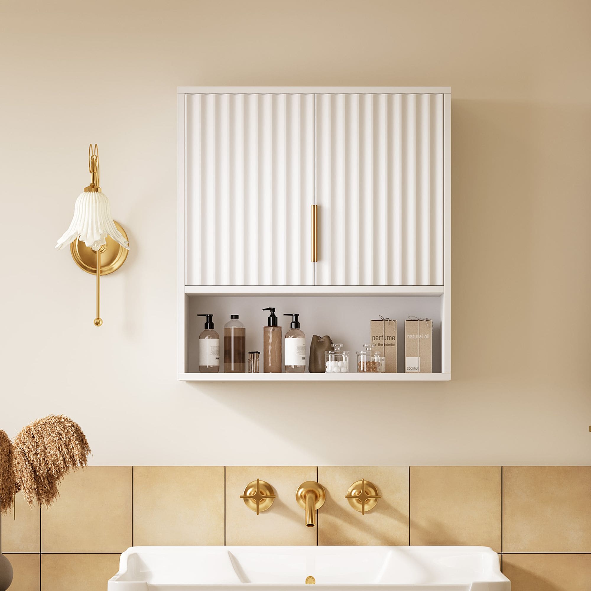 Winado  White Bathroom Wall Cabinet 3 Tier Grille 2 Door