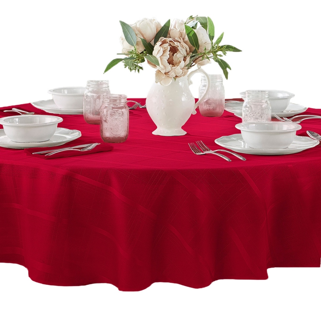 Elrene Home Fashions 026865994957 Elegance Plaid Jacquard 70" Round Indoor Poinsettia Red Table Cover for 60-in round