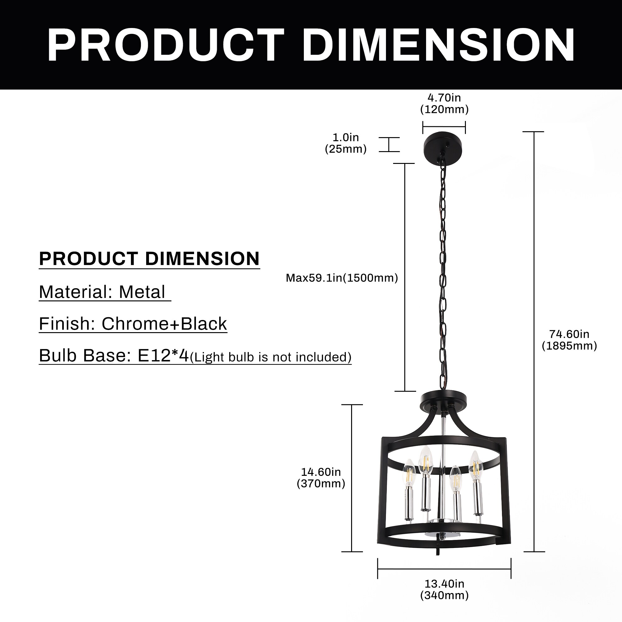 Black Metal 4-Light Adjustable Cage Chandelier