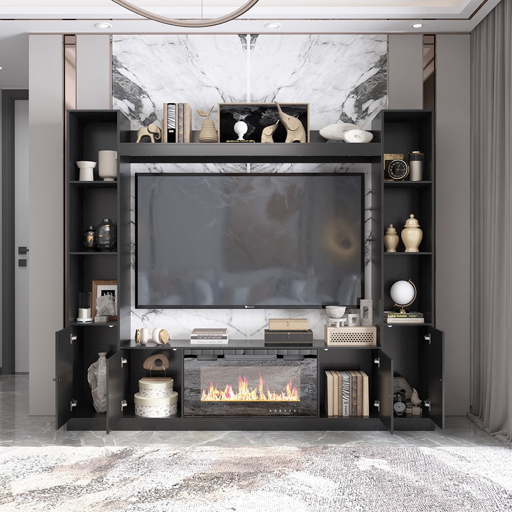 FUFU&GAGA 81.1-in W Black TV Stand with Fan-forced Flat Wall Electric Fireplace with Remote Control Included Sansujyuku sansujyuku.com