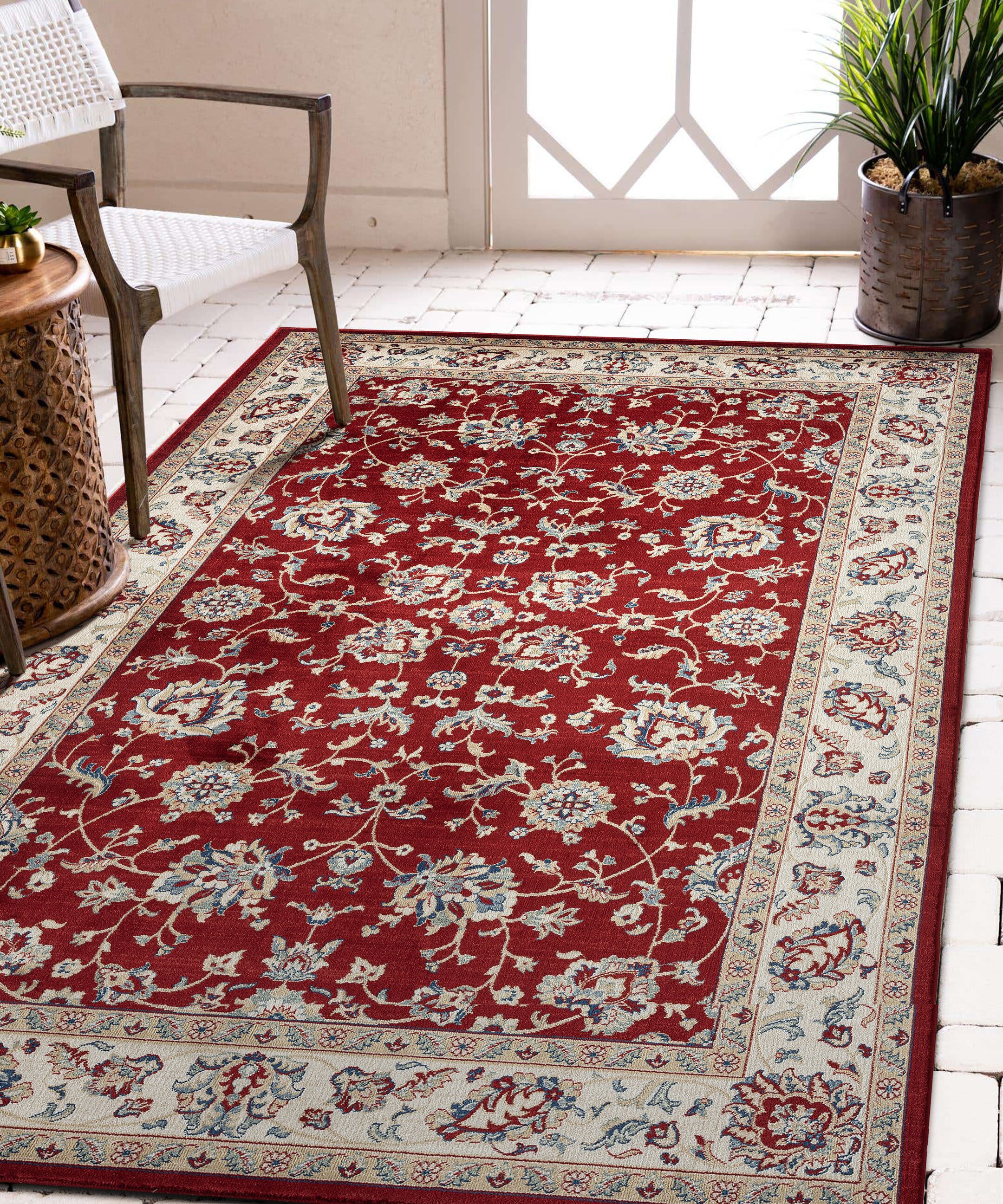 Crafted Floral Pattern Red Polyester Area Carpet - WallMantra