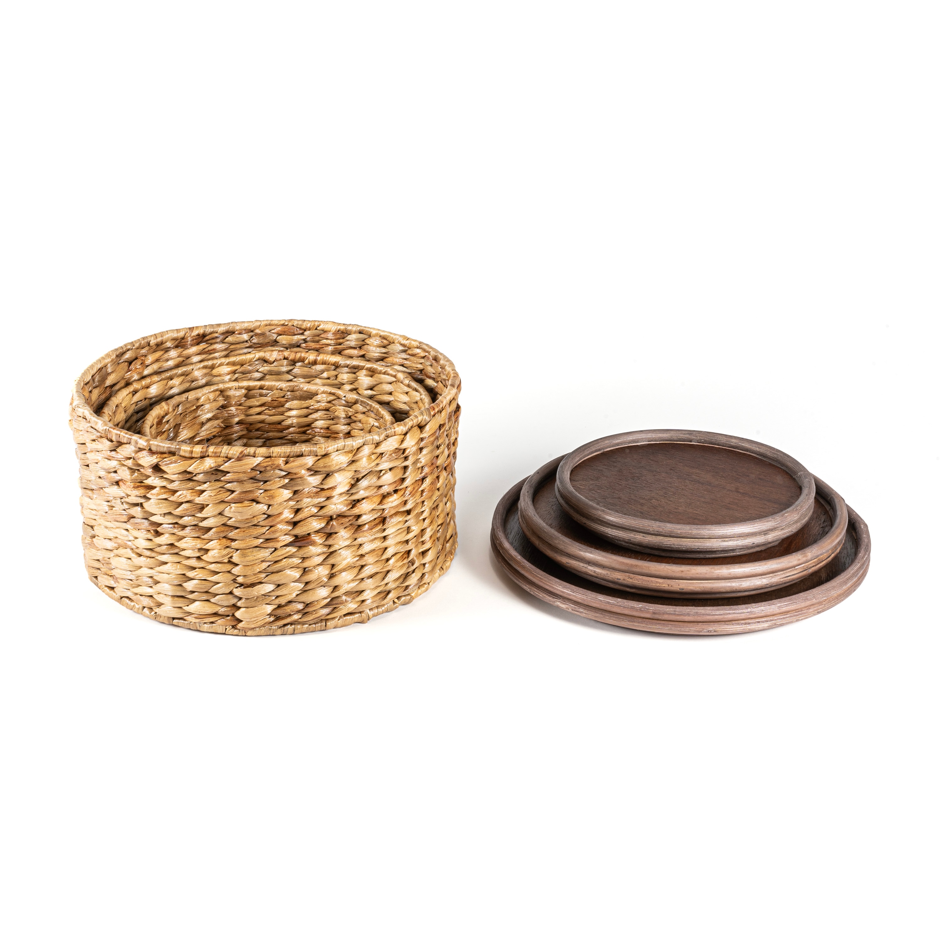 Natural Hand-Woven Hyacinth Round Storage Baskets with Wood Lids, Set of 3
