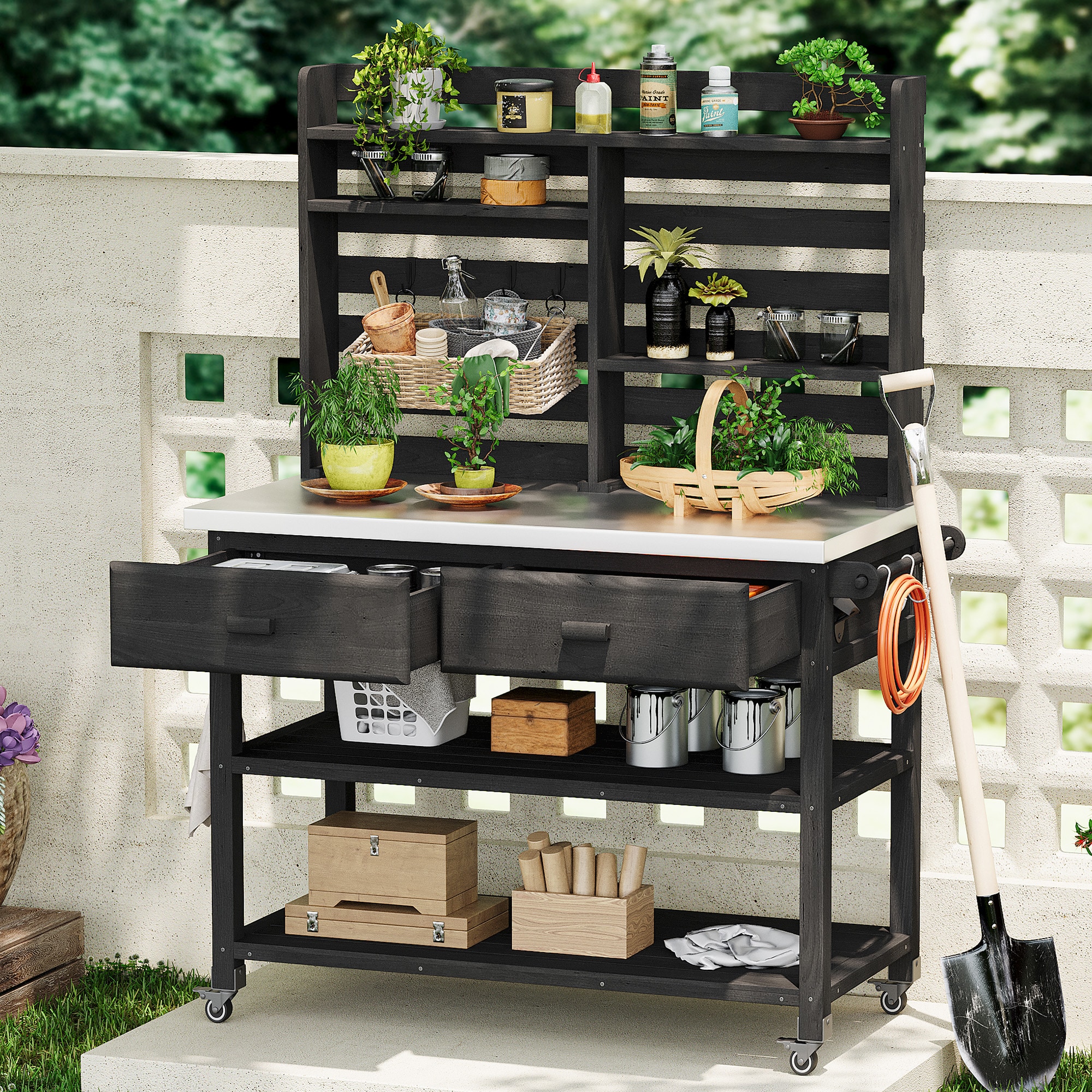 ModernLuxe L3P-N707P228274B 64.9inchH Outdoor Potting Bench Table with Lockable Wheels Solid Wood Outdoor Kitchen Island with Upper Hutch Stainless Steel Top Towel Rack Outdoor Storage for Grilling Lawn Garden Black