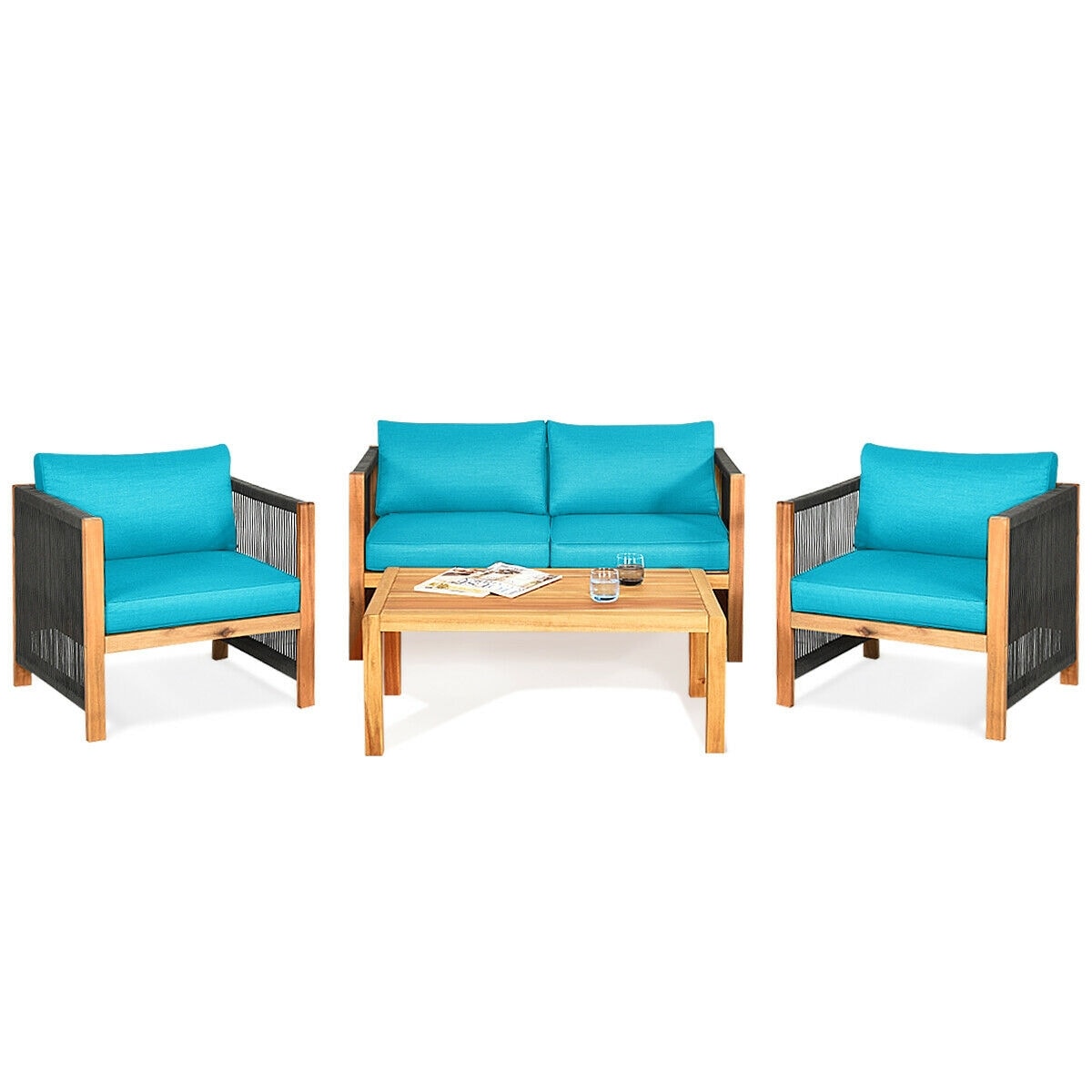 Slickblue D-CO-+UT86836WH 4-Piece Acacia Wood Patio Sofa Set with Loveseat 2 Sofas and Coffee Table with Red/ Turquoise Cushions for Patio Garden or Porch