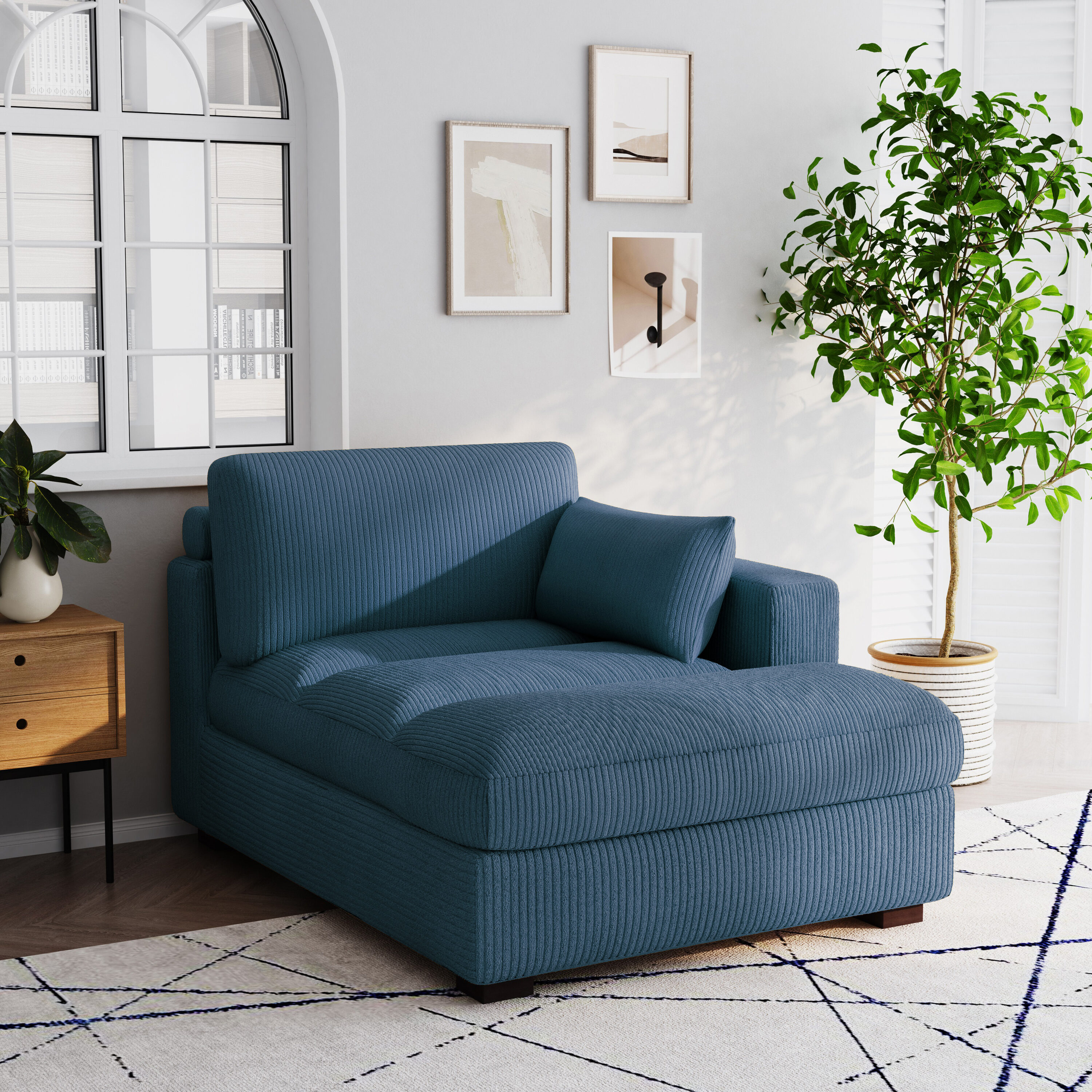 Dreamsidea Plush Upholstered Corduroy Lounge Chaise with Pillow Right Facing Navy