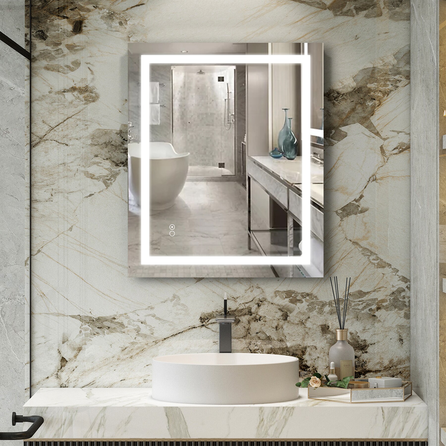 WELLFOR Bathroom Mirror 36-in W x 30-in H LED Lighted White Rectangular ...