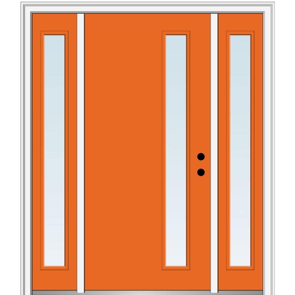 MMI DOOR ZZ348451L Spotlights 64-in x 80-in x 6-9/16-in Fiberglass Pulse lite Left-hand inswing Tangerine Painted Prehung Front Door with Sidelights with Brickmould Insulating core
