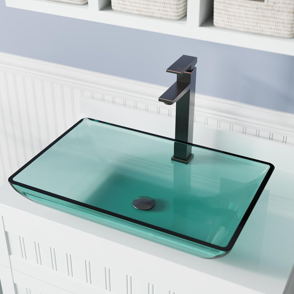 MR Direct 640-E-721-ABR Tempered glass Vessel Rectangular Modern Emerald Bathroom Sink with Faucet Included with Drain Included ( 22.38-Inches x 14.25-Inches )