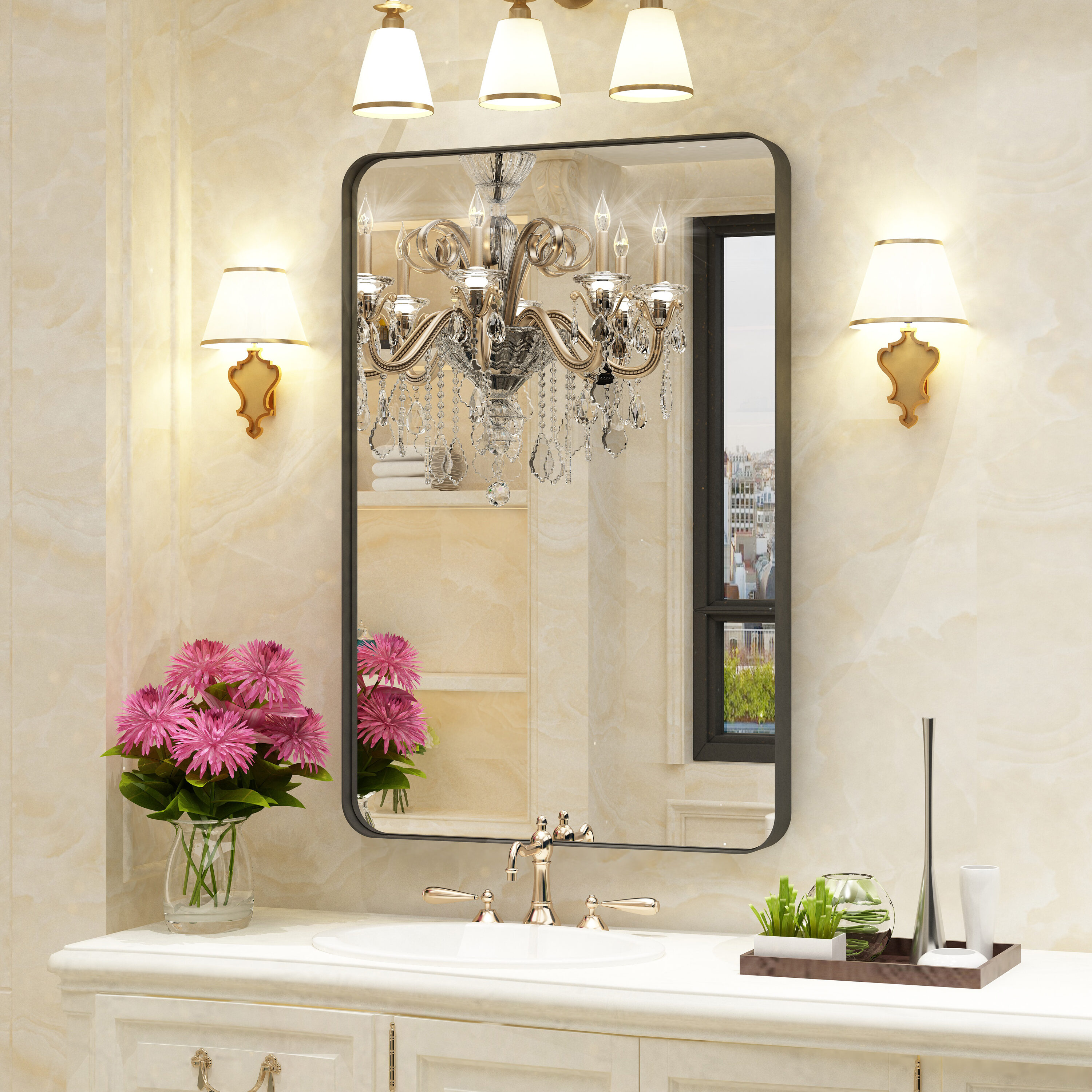 Yulika Ptjz 24-in x 36-in Framed Rectangle Bathroom Vanity Mirror ( Black )