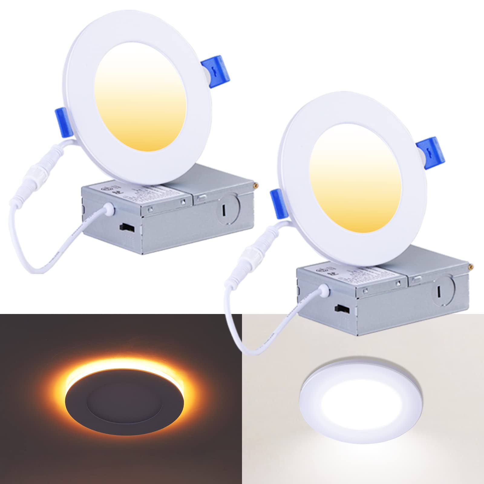 IUEST  4 Inch LED Recessed Lights with Night Light Canless Ultra Thin Wafer Downlight Pot Outdoor Exterior Soffit Lighting Dimmable 5 CCT