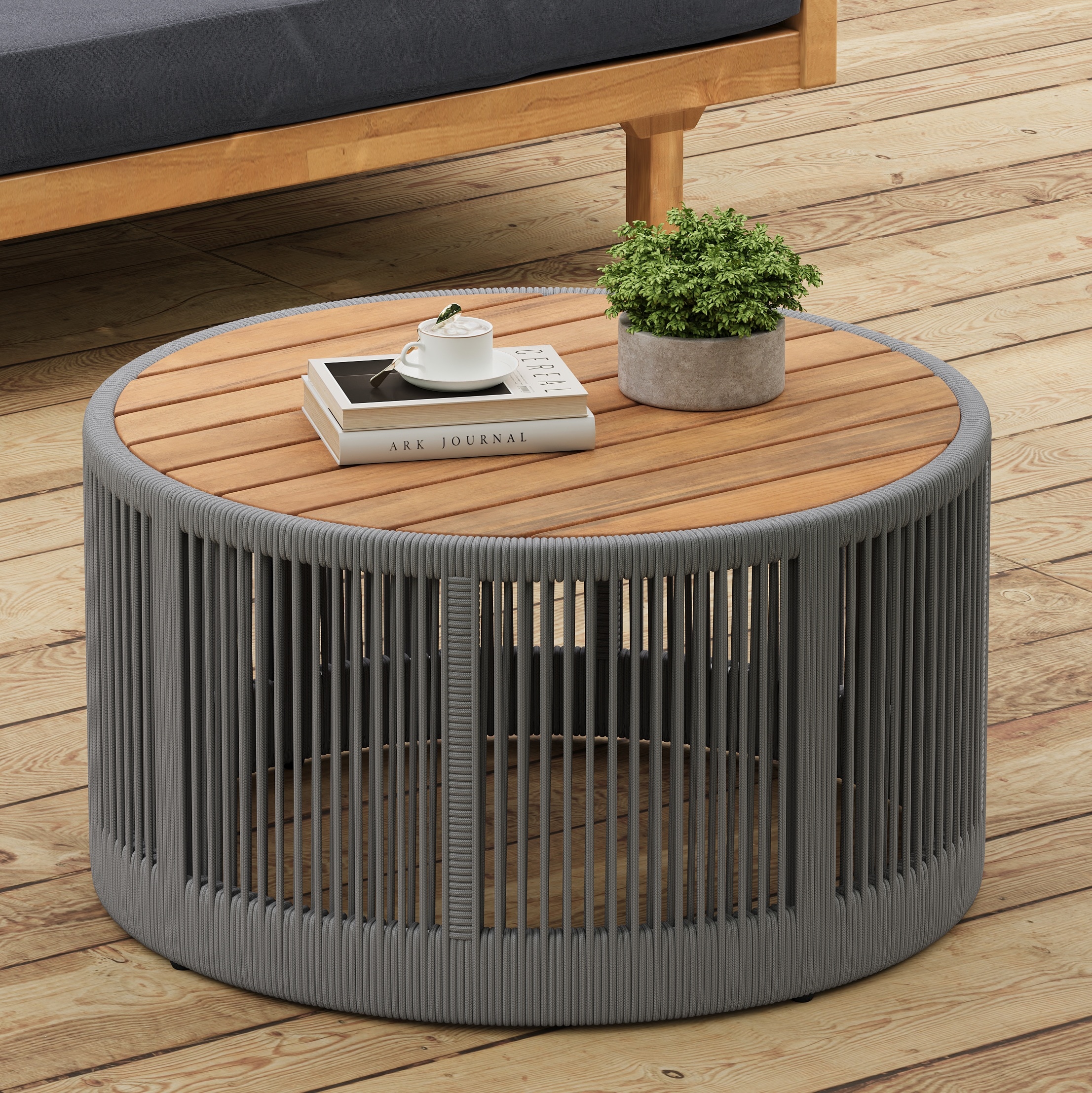 GZMR 26" Patio Boho Handwoven Rope Coffee Table Round Woven Outdoor Coffee Table 26-in W x 26-in L