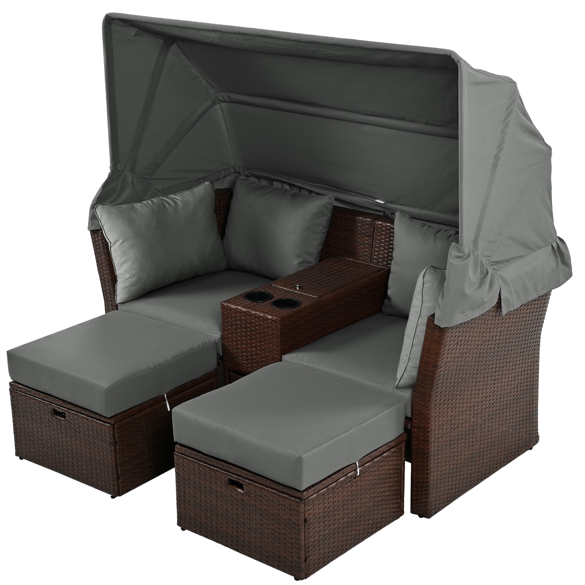 Nestfair HPOF020E Patio Furniture Sets Rattan Outdoor Daybed with Gray Cushions and Rattan Frame