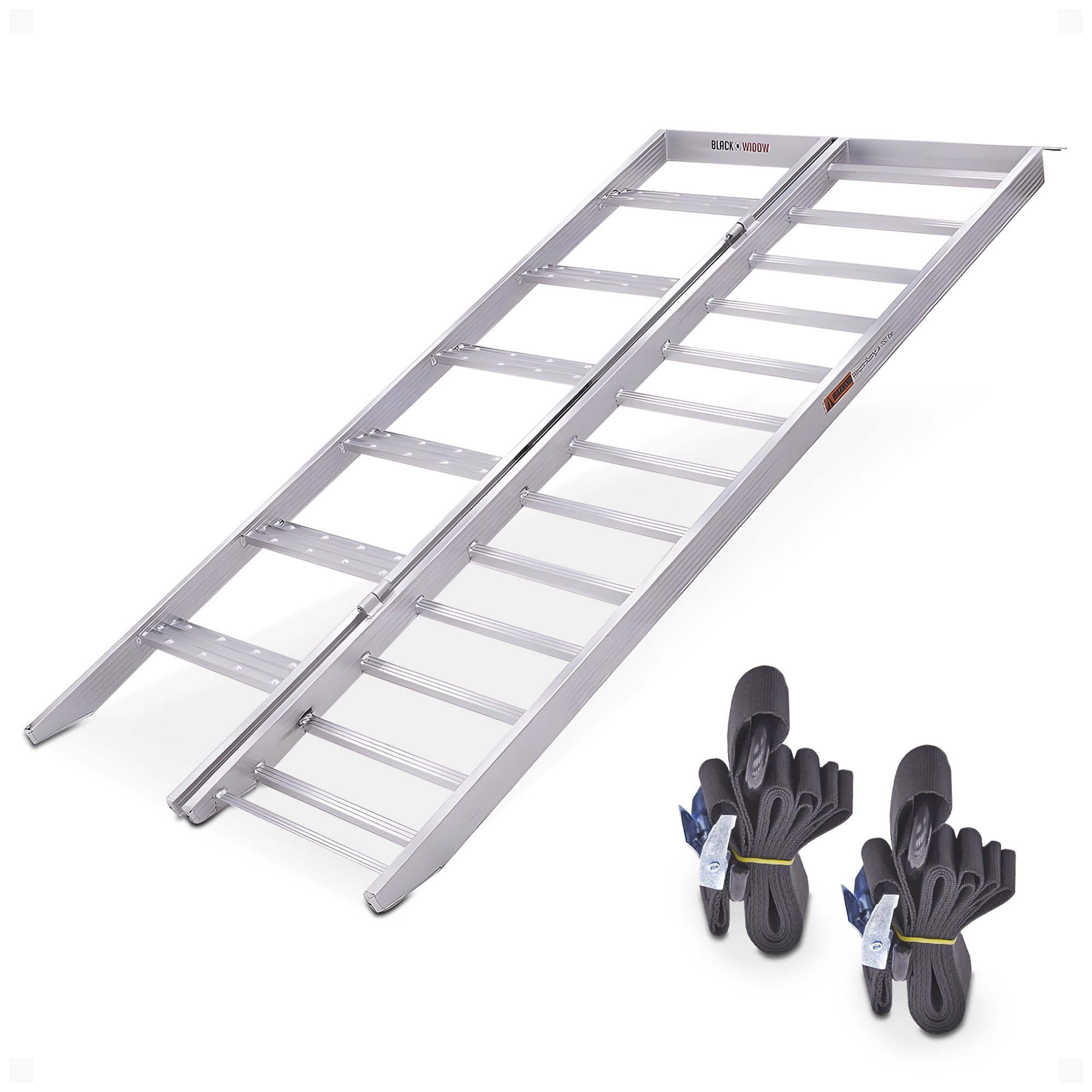 Black Widow  Aluminum Bi Fold Motorcycle Ramp with Steps Folding Ramp Silver