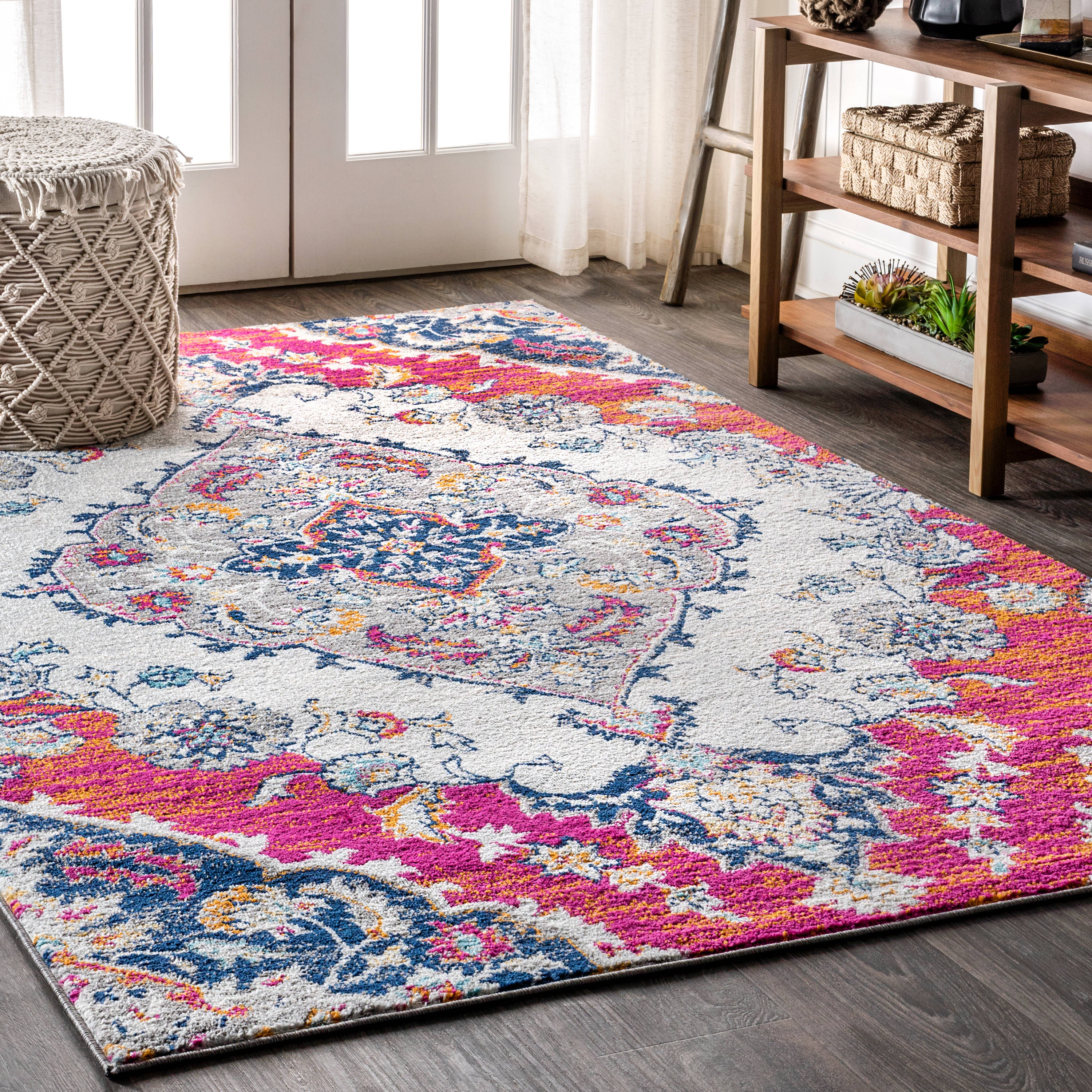 Bohemian Medallion 3' x 5' Blue and Coral Easy-Care Area Rug