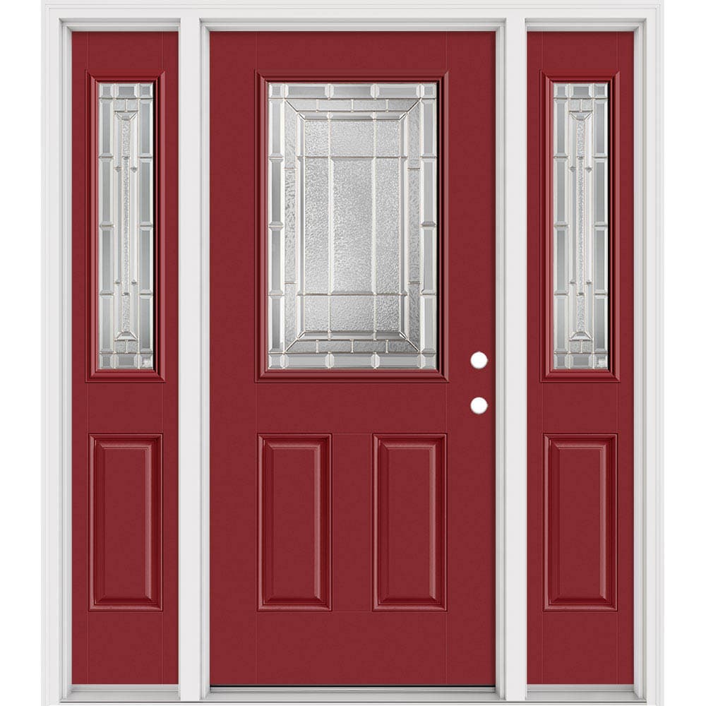 Masonite 631482 Sequence 64-in x 80-in x 4-9/16-in Fiberglass Half lite Left-hand inswing Roma Red Painted Prehung Slab Front Door with Sidelights with Brickmould Insulating core