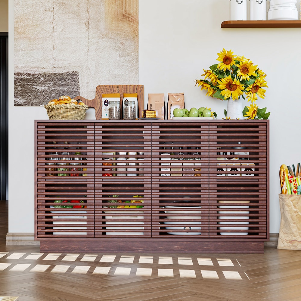 Homsee C-KF330150-01 Classic Walnut Wood 55.1 in W Storage Sideboard Cabinet with 4 Slatted Doors Fixed Shelves and Moisture Resistant Base