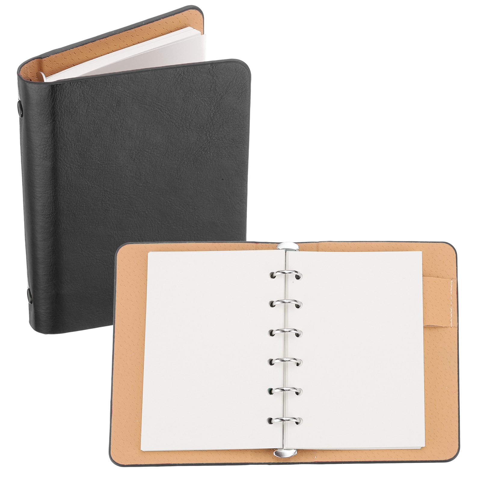 Unique Bargains 6 Ring Binder Cover A7 5.8x4.2 Inch Leather Notebook Binder Mini Refillable Loose Leaf Personal Planner with 50 Sheets Paper Black