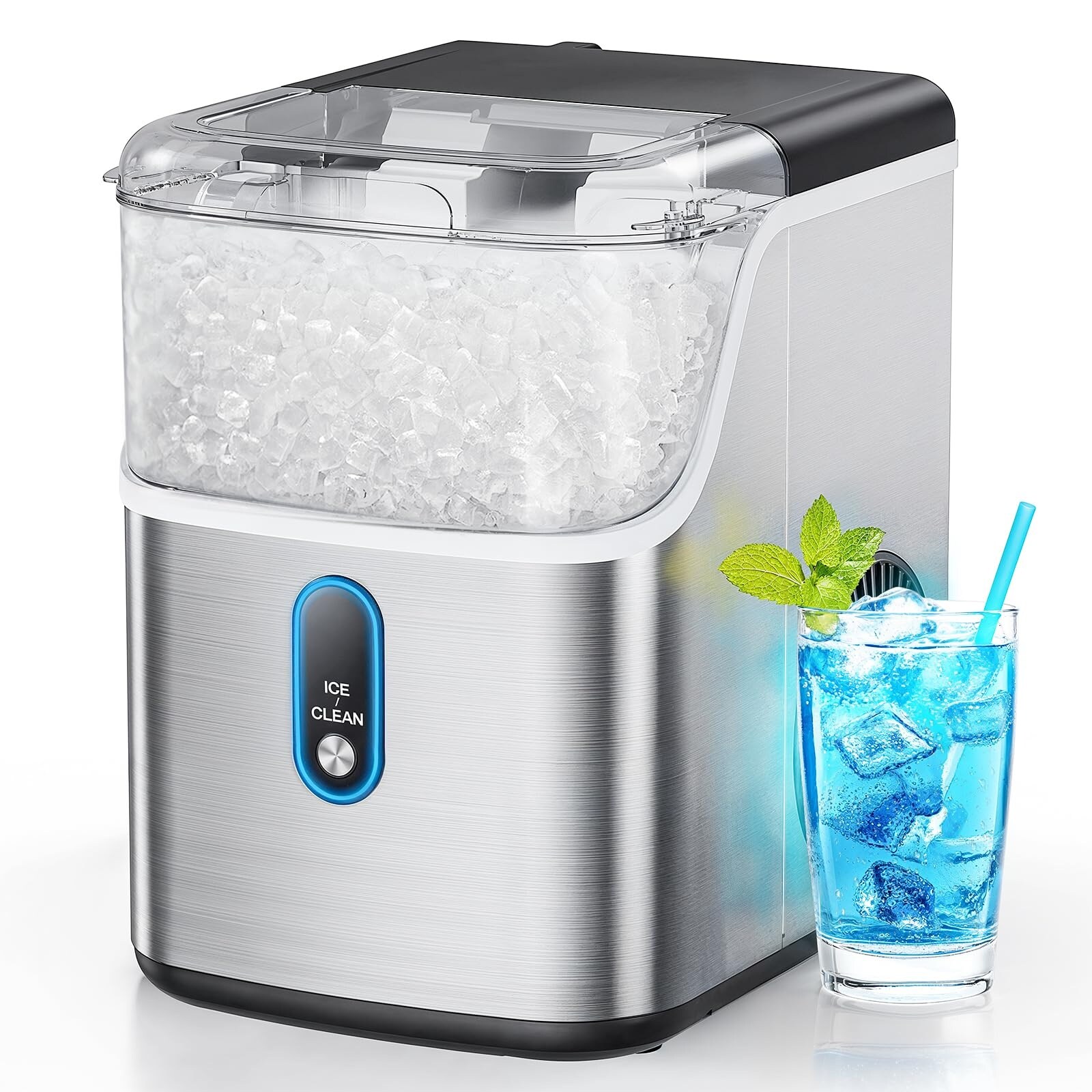 Etokfoks 33 lb Day Nugget Ice Countertop Portable Ice Maker in Silver ...