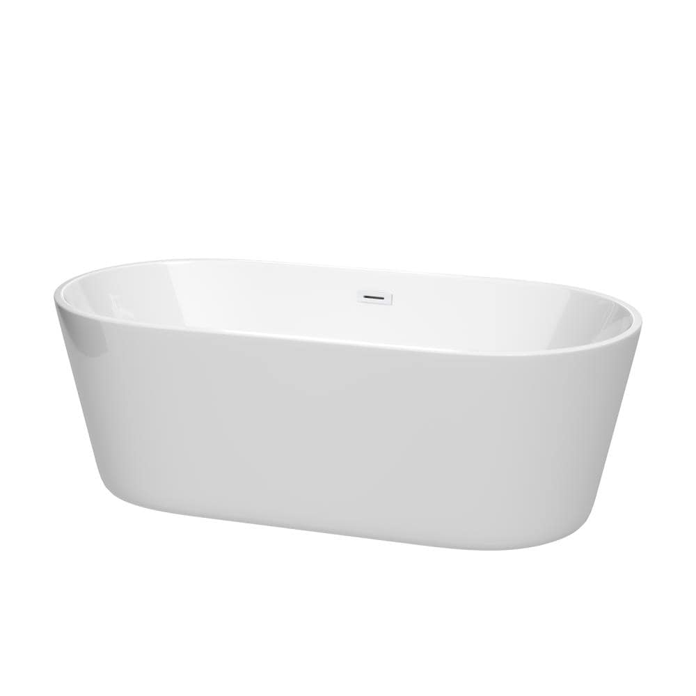 Wyndham Collection WCOBT101267SWTRIM Carissa 32-in x 67-in White with Shiny White Trim Acrylic Oval Freestanding Soaking bathtub with Drain ( Center Drain )