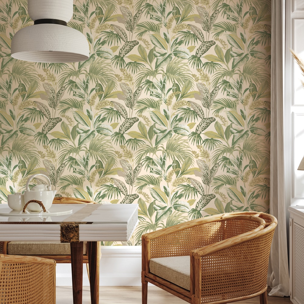 Tropical Green and Beige Vinyl Peel and Stick Wallpaper Roll