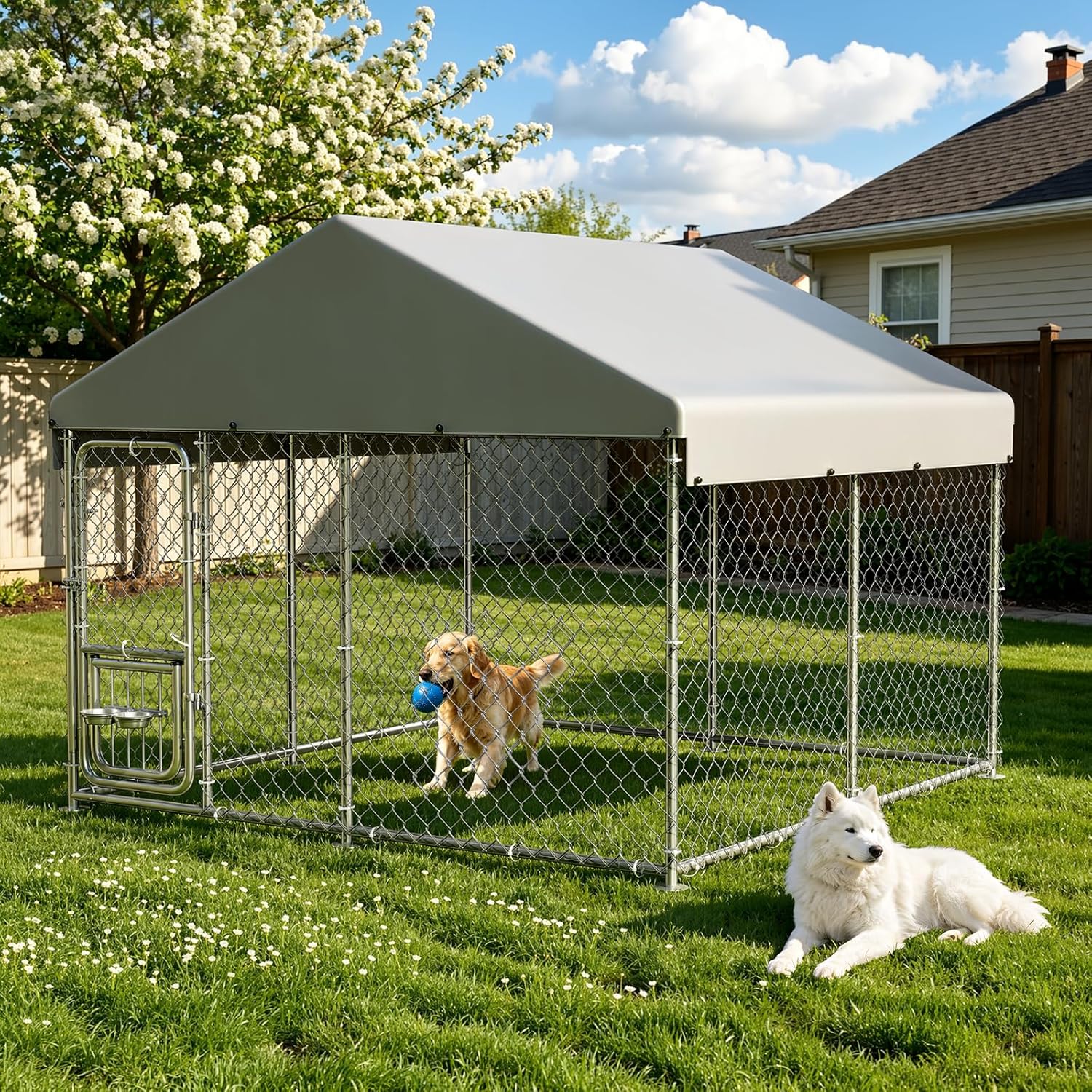 IdealHouse Heavy Duty Outdoor Dog Kennel Secure Metal Pet Cage with Lockable Door Rotating Feeder 2 Stainless Steel Bowls Waterproof UV Resistant Roof Spacious Enclosure for Small Medium Large Dogs 2.28X2.28X2 m