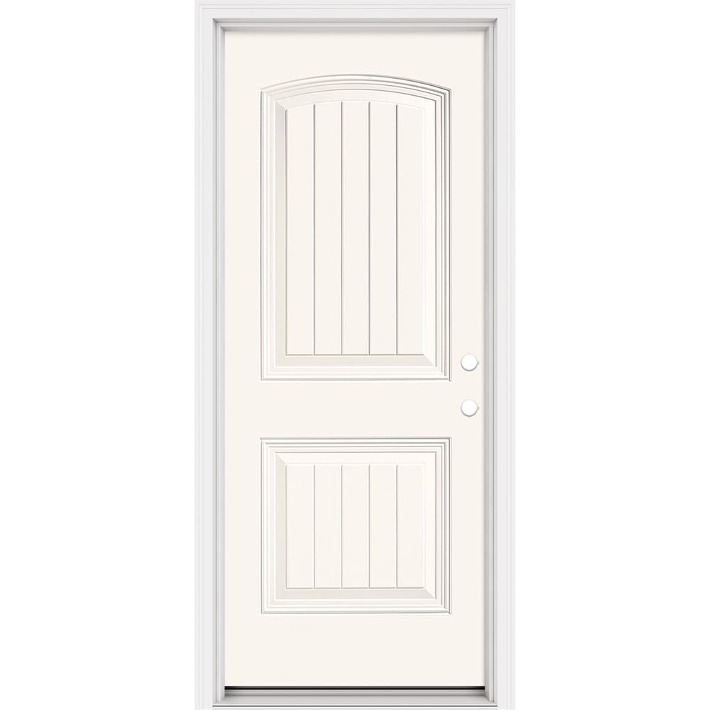Masonite 321193 Steel Doors Series 32-in x 80-in x Steel No glass Left-hand inswing Modern White Painted Prehung Front Door with Brickmould Insulating core
