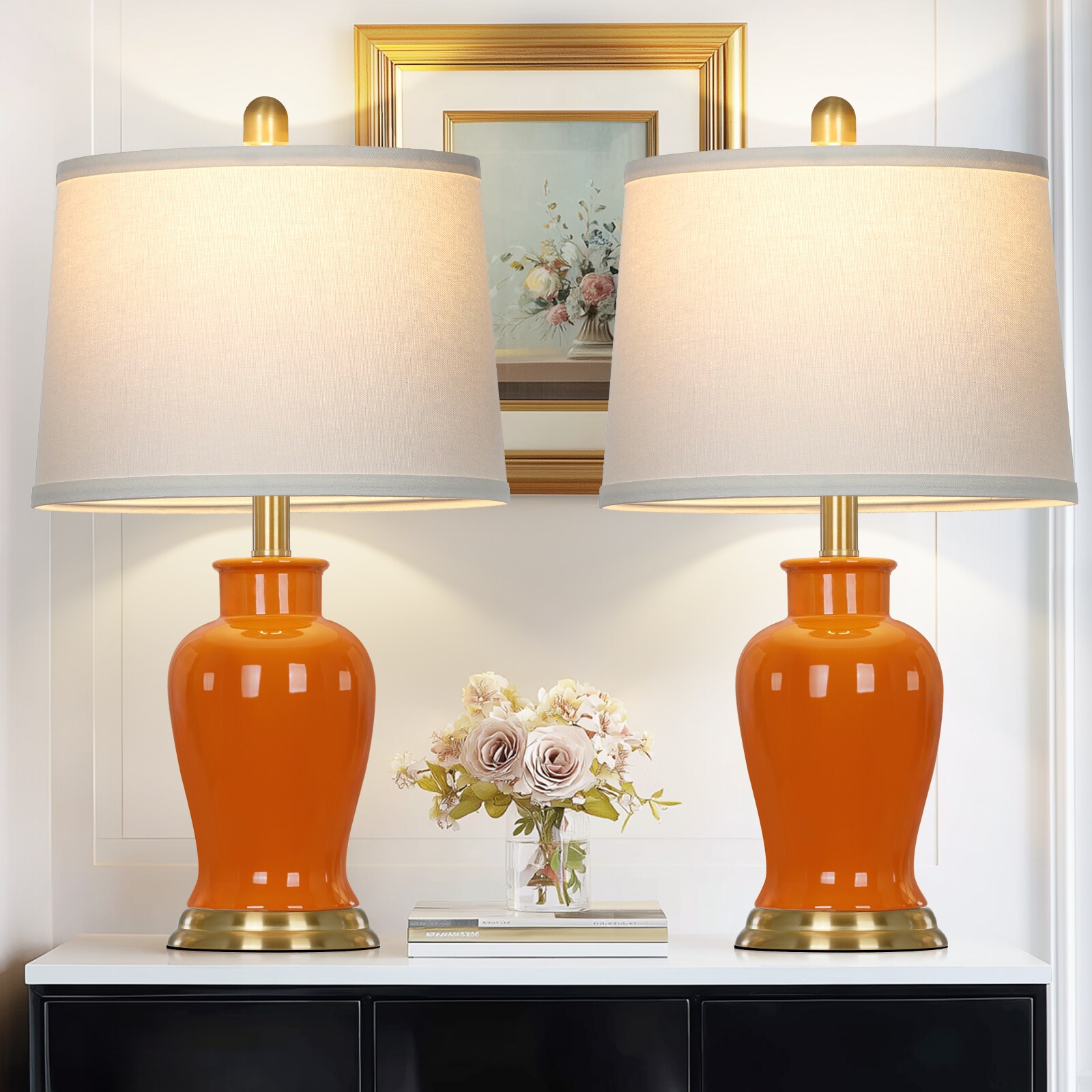 UrFurnishings Modern 23-in Orange LED Rotary socket Table Lamp with Linen Shade